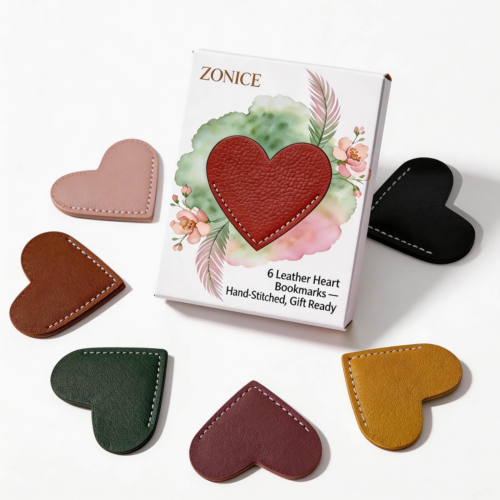 ZONICE Segnalibri a forma di cuore in pelle da donna, confezione da 6 graziosi segnapagina ad angolo in confezione regalo, segnalibri per insegnanti, lettori, studenti, ideali per scuola, ufficio