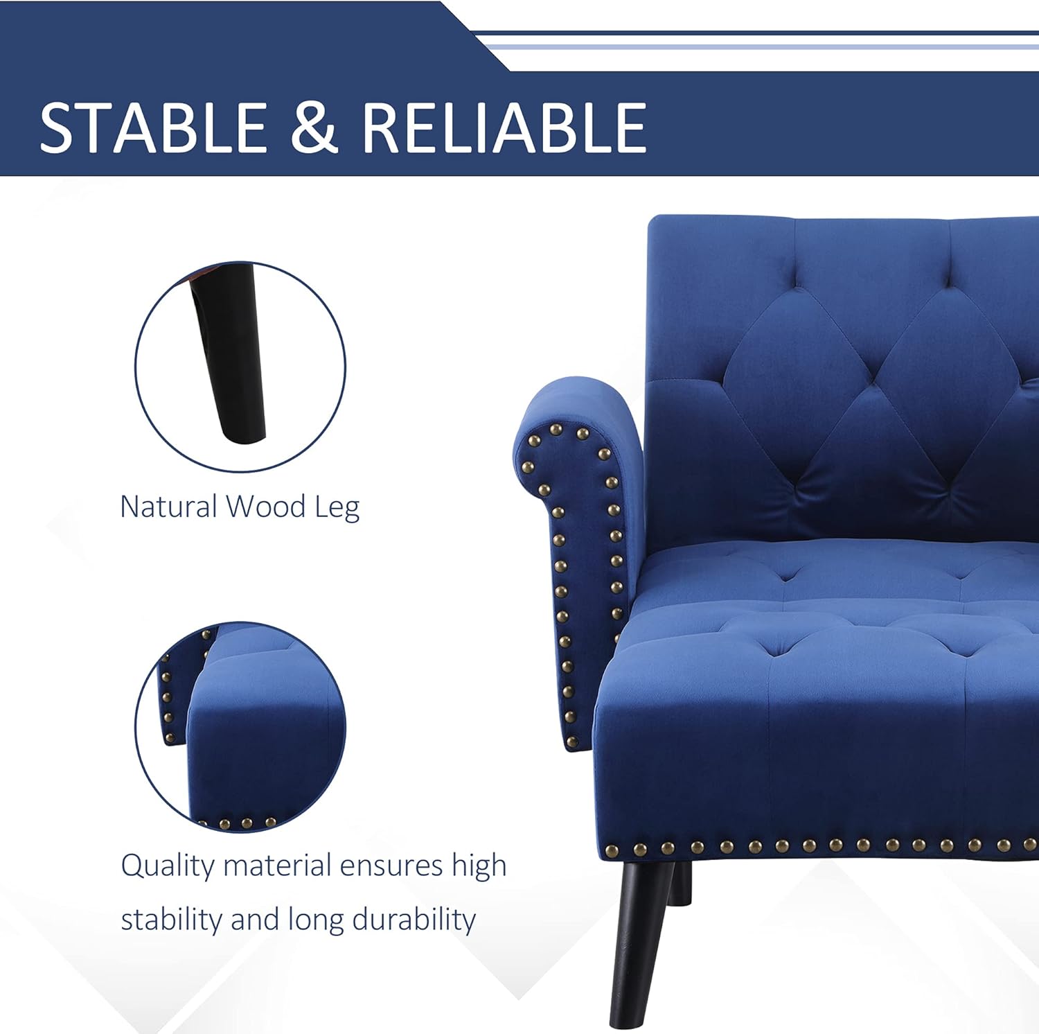 HOMCOM 2-in-1 Chaise Lounge Chair with Thick Padding Armrest, Adjustable Reclining Backrest, Velvet Touch Fabric, Pillowand Wooden Legs for Bedroom, Living Room, Blue : Home & Kitchen