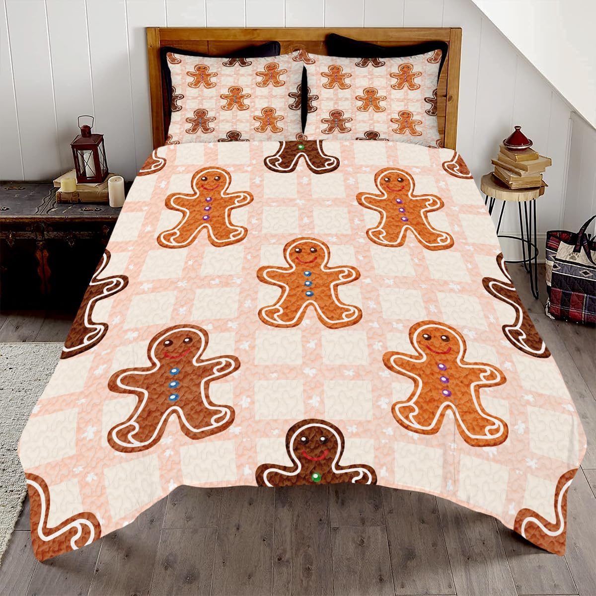 ENCYCOM Gingerbread Bedding - Patchwork Quilt, Queen & King Sizes, Brown Floral, Holiday & Country Style, Christmas Decorations