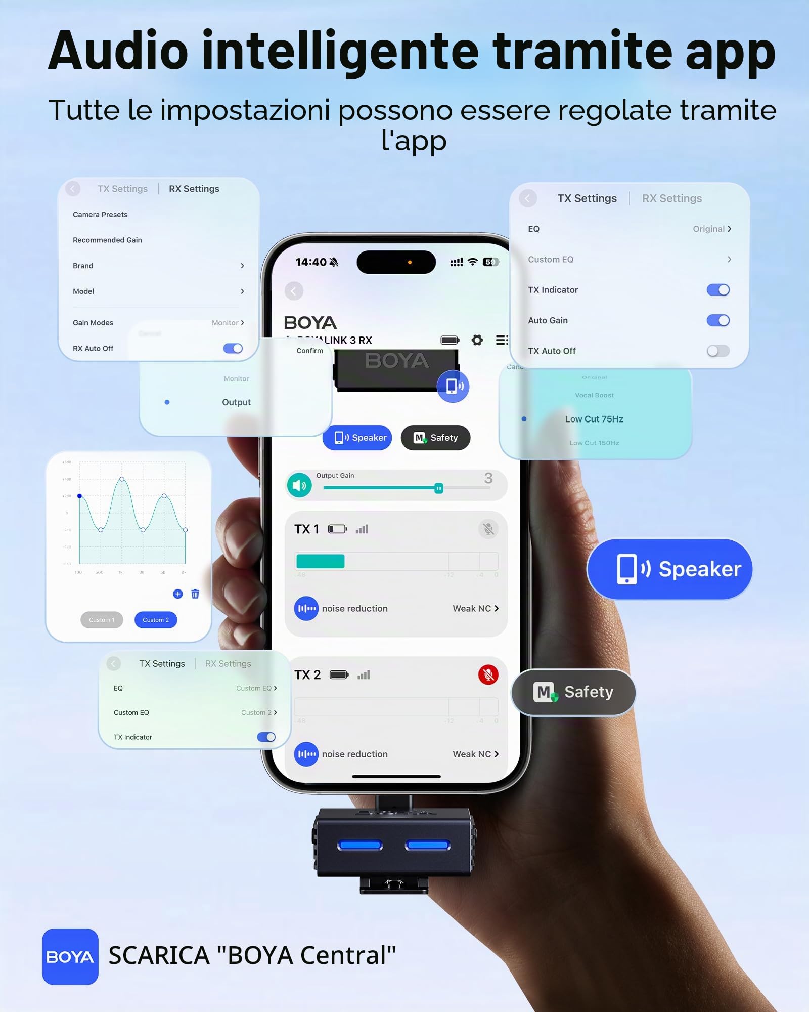 BOYA LINK 3 - Microfono lavalier wireless per iPhone/Android/fotocamera/PC, cancellazione del rumore AI, suono da studio 48 kHz/24 bit, batteria 30 h con custodia di ricarica, microfono di controllo