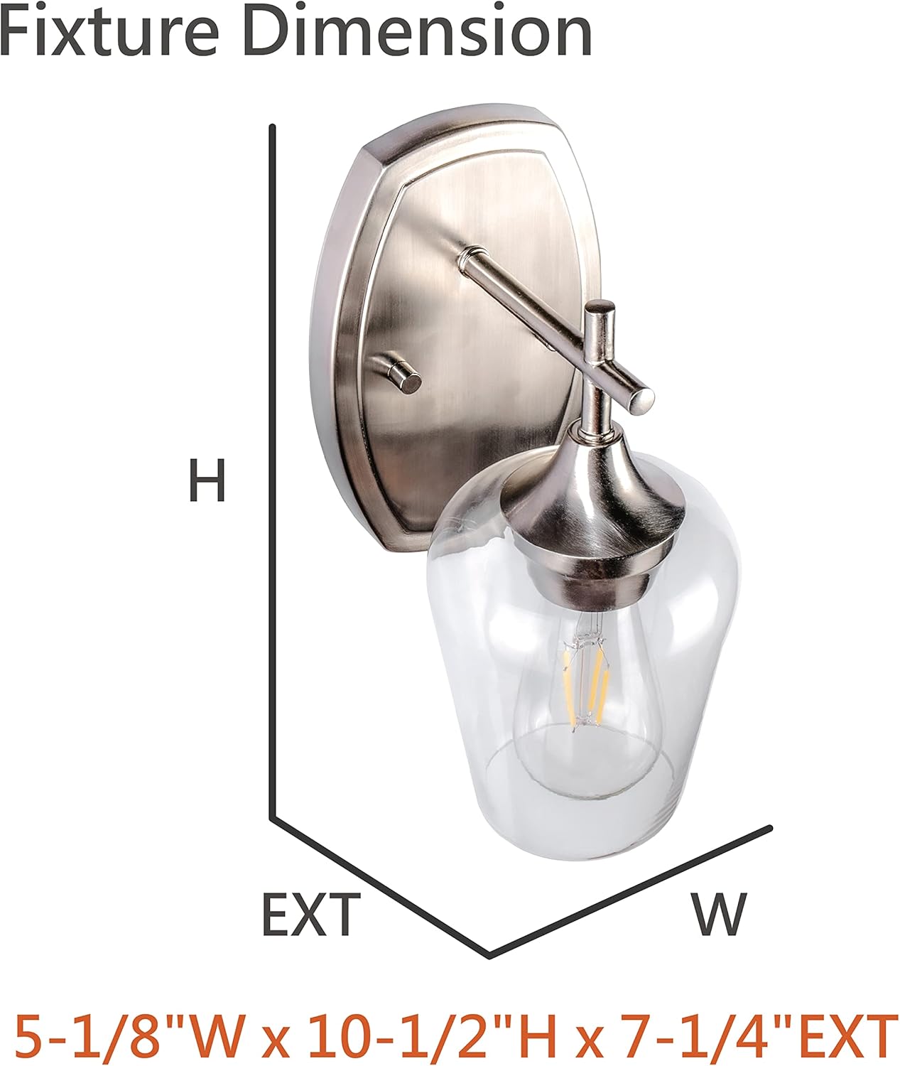 Aspen Creative 62720-09-1, 1 Light Indoor Wall Fixture, 5-1/8" W x 10-1/2" H x 7-1/4" E, Clear Glass w/Satin Nickel Finish, Bulb Not Included