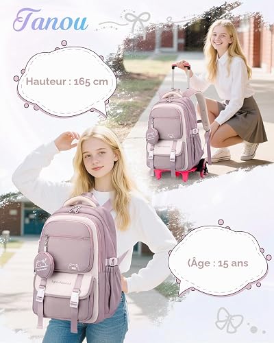 Tanou Detachable Trolley School Backpack, 30 Liters Elementary and Middle School Backpacks with Wheels, Casual Travel Backpack for Teenage Girl, purple, 32x20x47 cm - 2