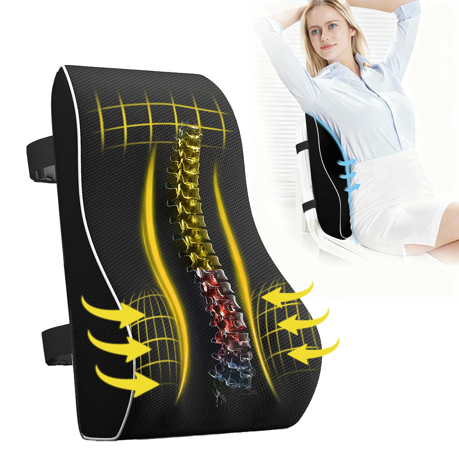 Yahbrra Lumbar Back Support Cushion: Memory Foam Back Support Orthopedic Backrest with 2 Adjustable Straps Breathable Mesh for Office Chairs Cars Home Seat (black, 45x40x13cm)
