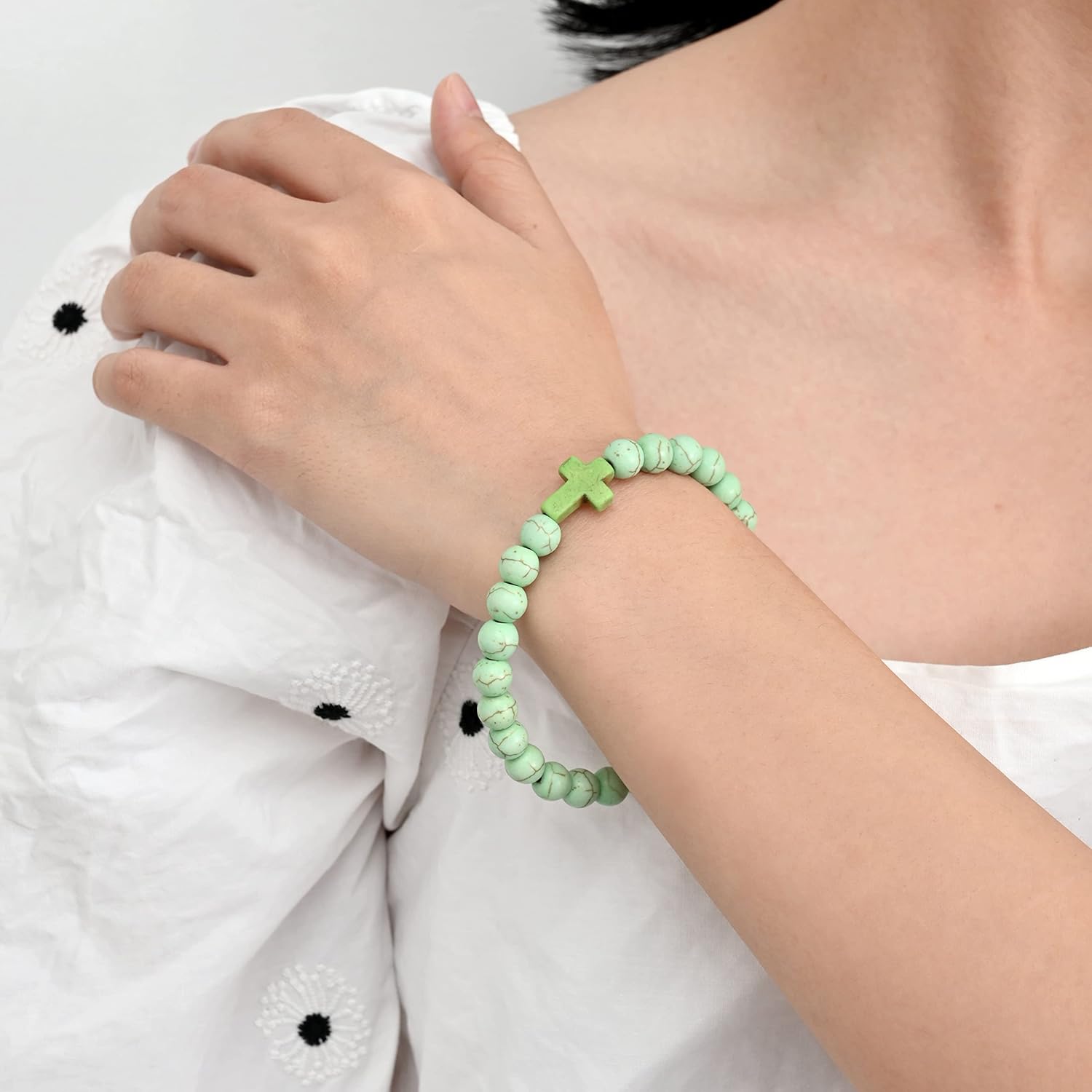 Softones 8mm Beads Cross Bracelets for Women Men Natural Stone Elastic Stretch Prayer Bracelet for Women Friendship Cross Gifts - Image 4