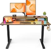 Standing Desk with LED Strip, 48″ x 24″ Electric Height Adjustable RGB Gaming Table with Shelf, Sit Stand Desk with Dual Cable Holes, C-Clamp Mount Compatible, 4 Preset Heights, Vintage Brown