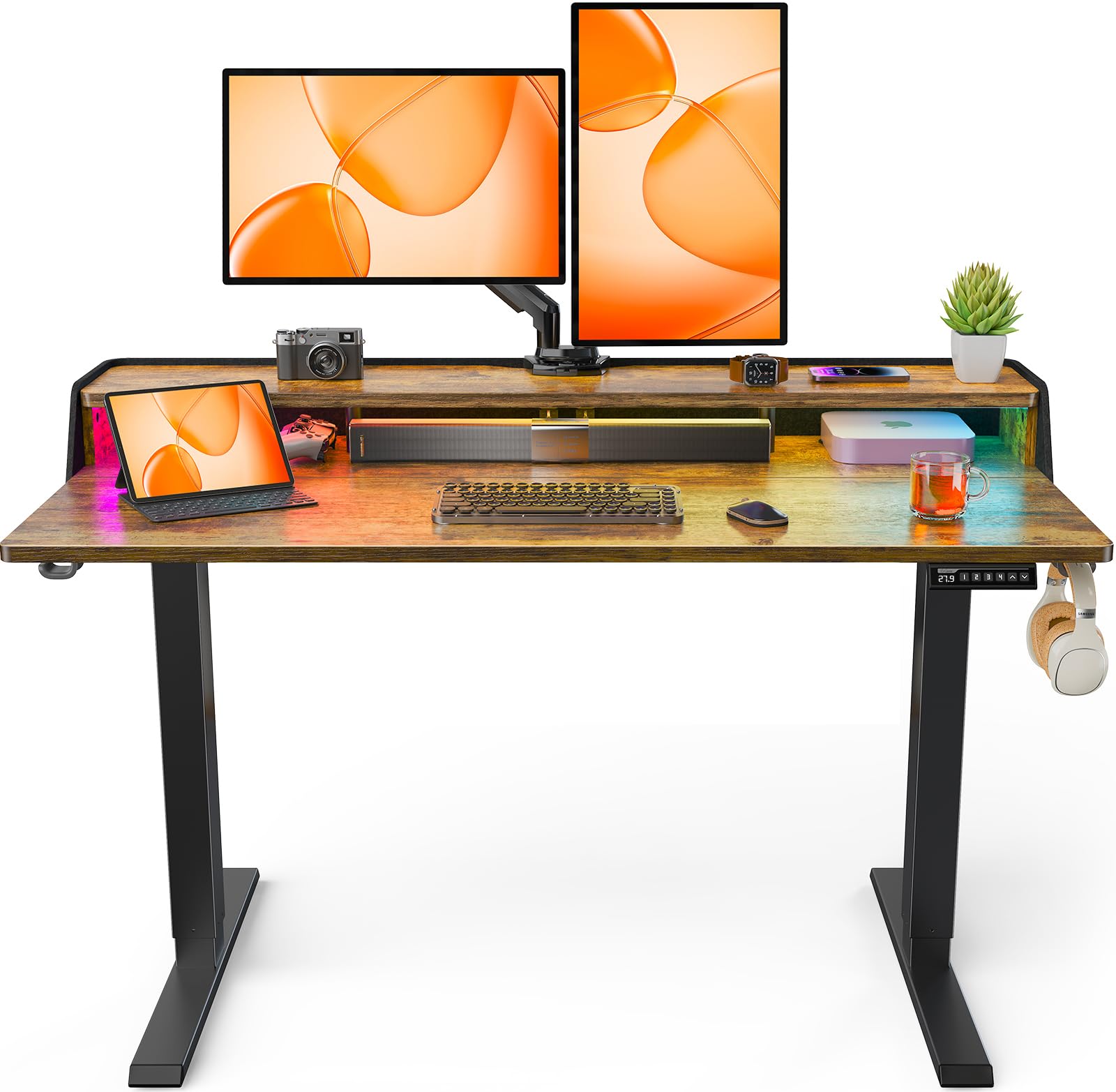 ErGear Standing Desk with LED Strip, 48″ x 24″ Electric Height Adjustable RGB Gaming Table with Shelf, Sit Stand Desk with Dual Cable Holes, C-Clamp