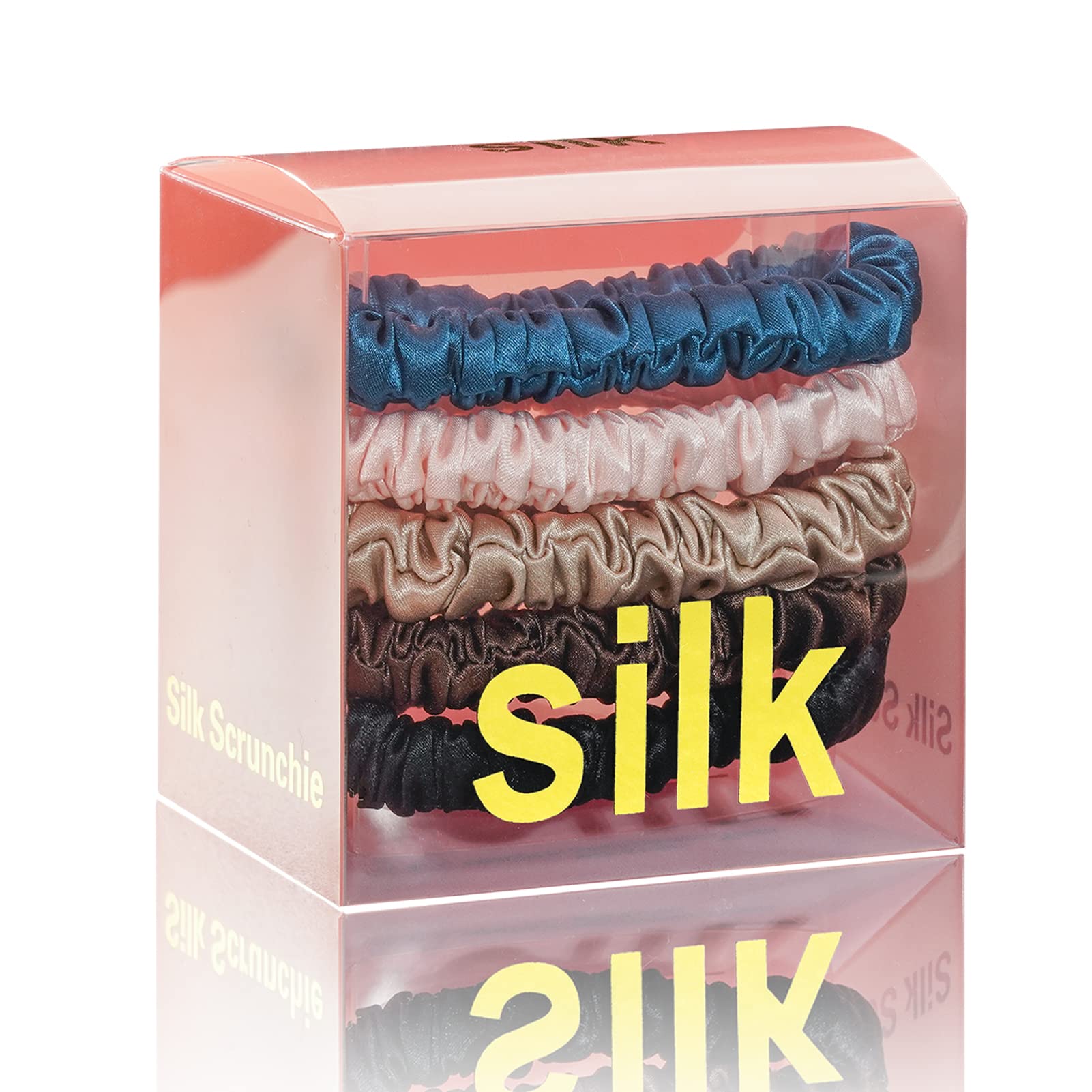Silmer Silk Scrunchies Hair Tie 22 Momme 100% Mulberry 5 Pack(Peacock blue,Pink,Apricot, Dark coffee, Black)