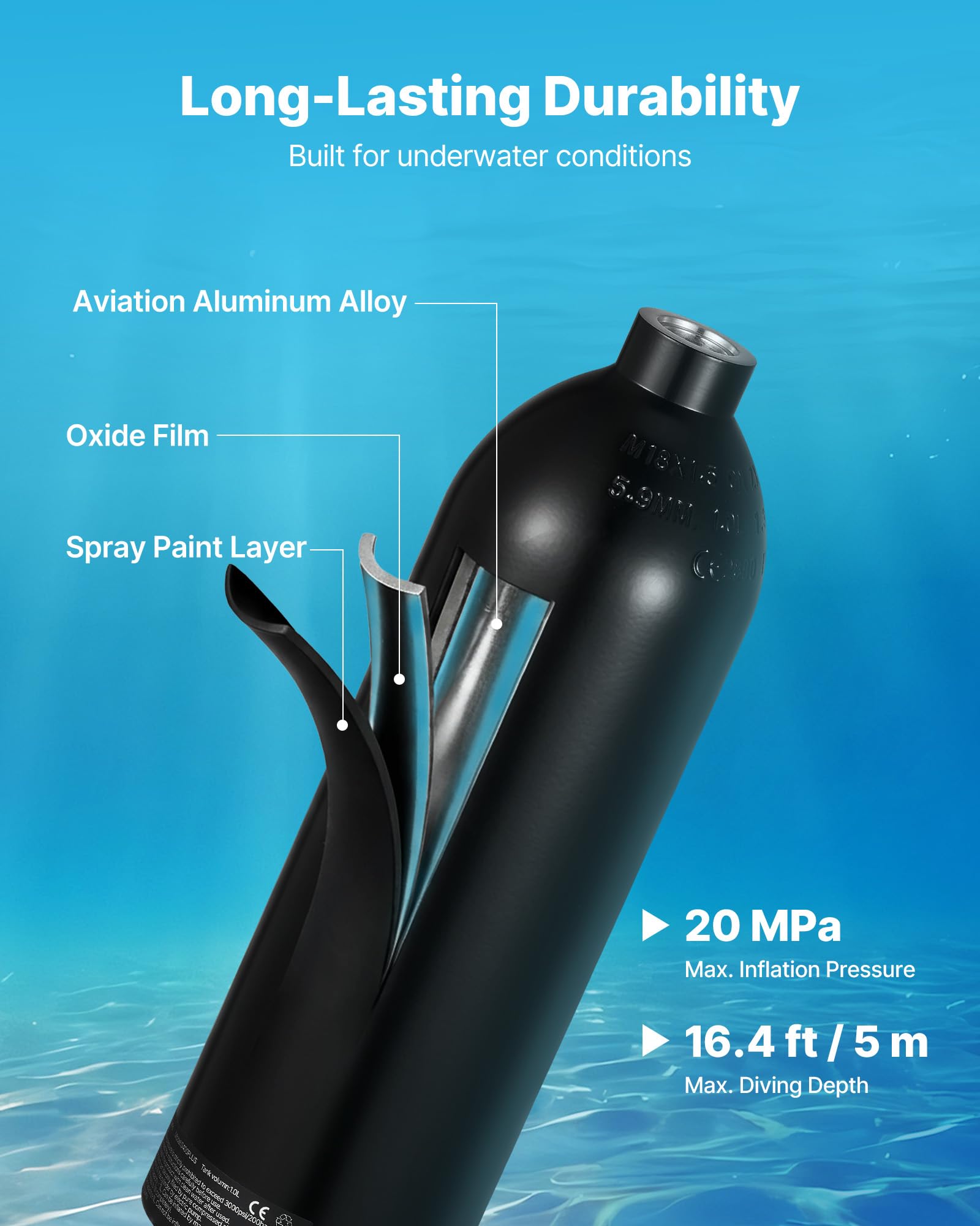 VEVOR Mini Botella de Buceo de 1 L, Juego de Tanque de Buceo Portátil, Capacidad de 15 a 20 Minutos, Gafas de Snorkel Adaptador Bomba Manual Mochila y Bolsa de Transporte, para Viajes Bucear Rescate
