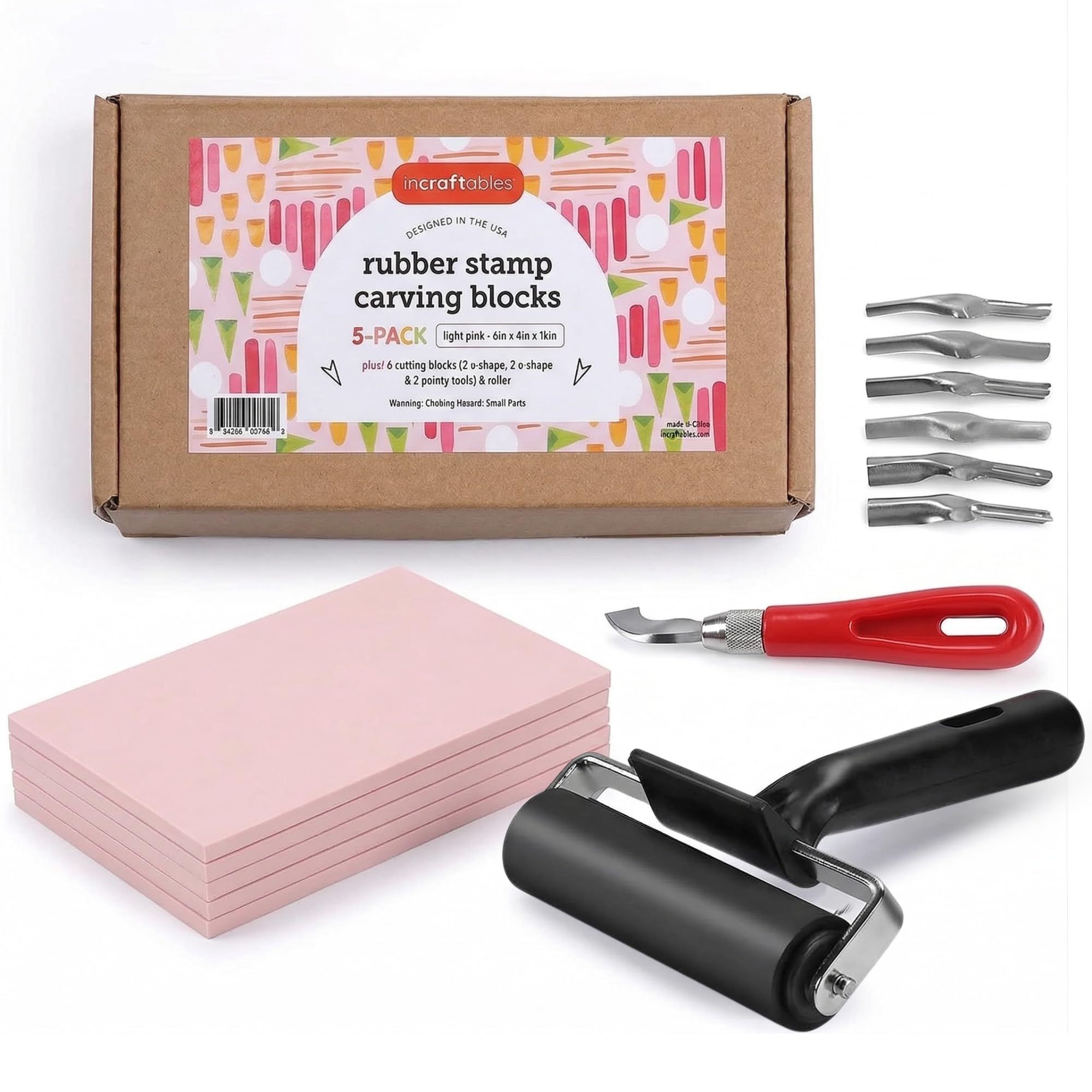 Incraftables Linocut Block Printing Kit for Stamp Making - 5 Soft 4"x6" Rubber Blocks, 6 Carving Blades, &amp; Brayer Roller -Linoleum Block Printing Stamp Kit for Beginners, Adults Crafts
