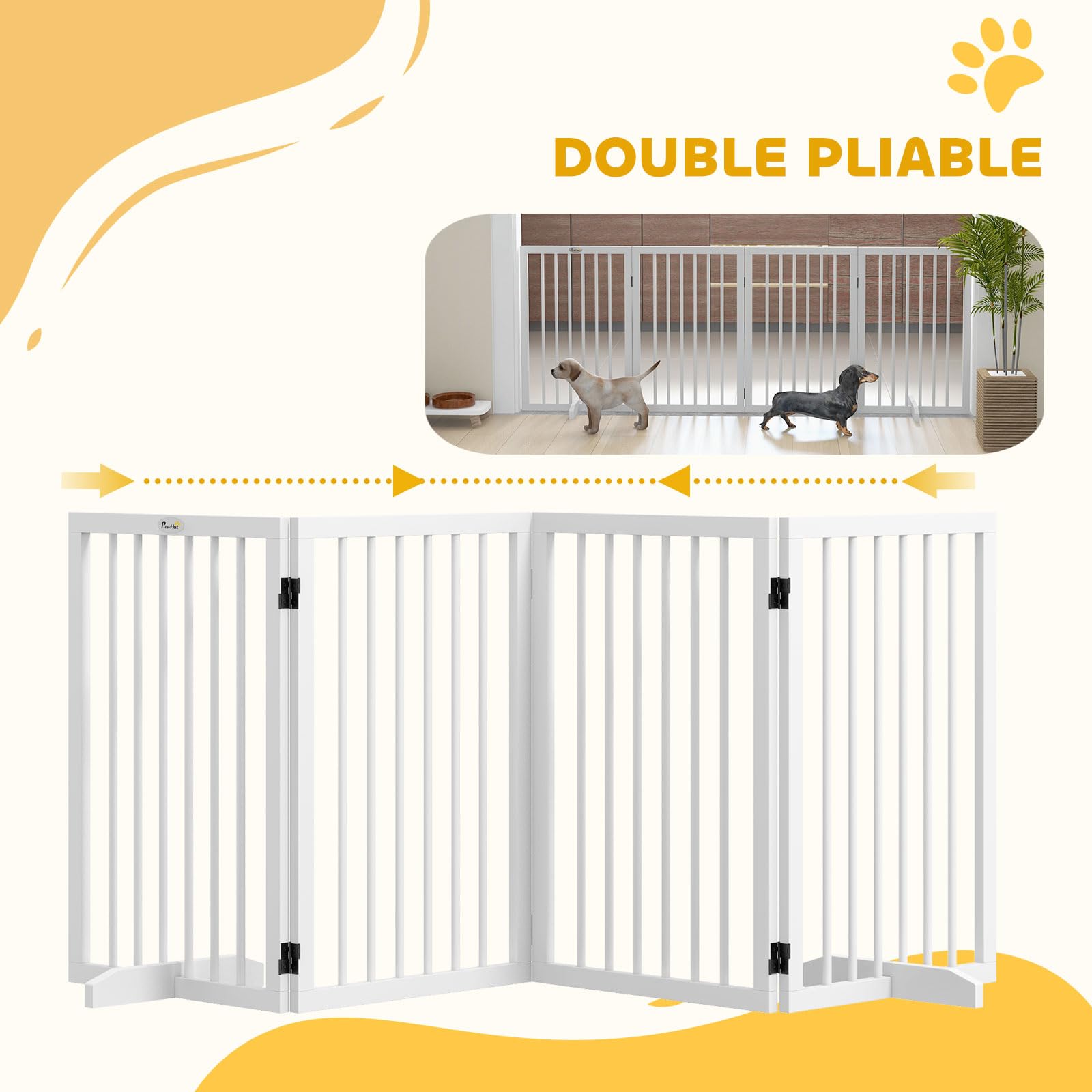 PawHut - Barrera de seguridad para perros (4 paneles, 206 x 35,5 x 76 cm), color blanco | Barrera de Protección Modular Plegable, Barrera para Animales de Madera, Pies de Soporte