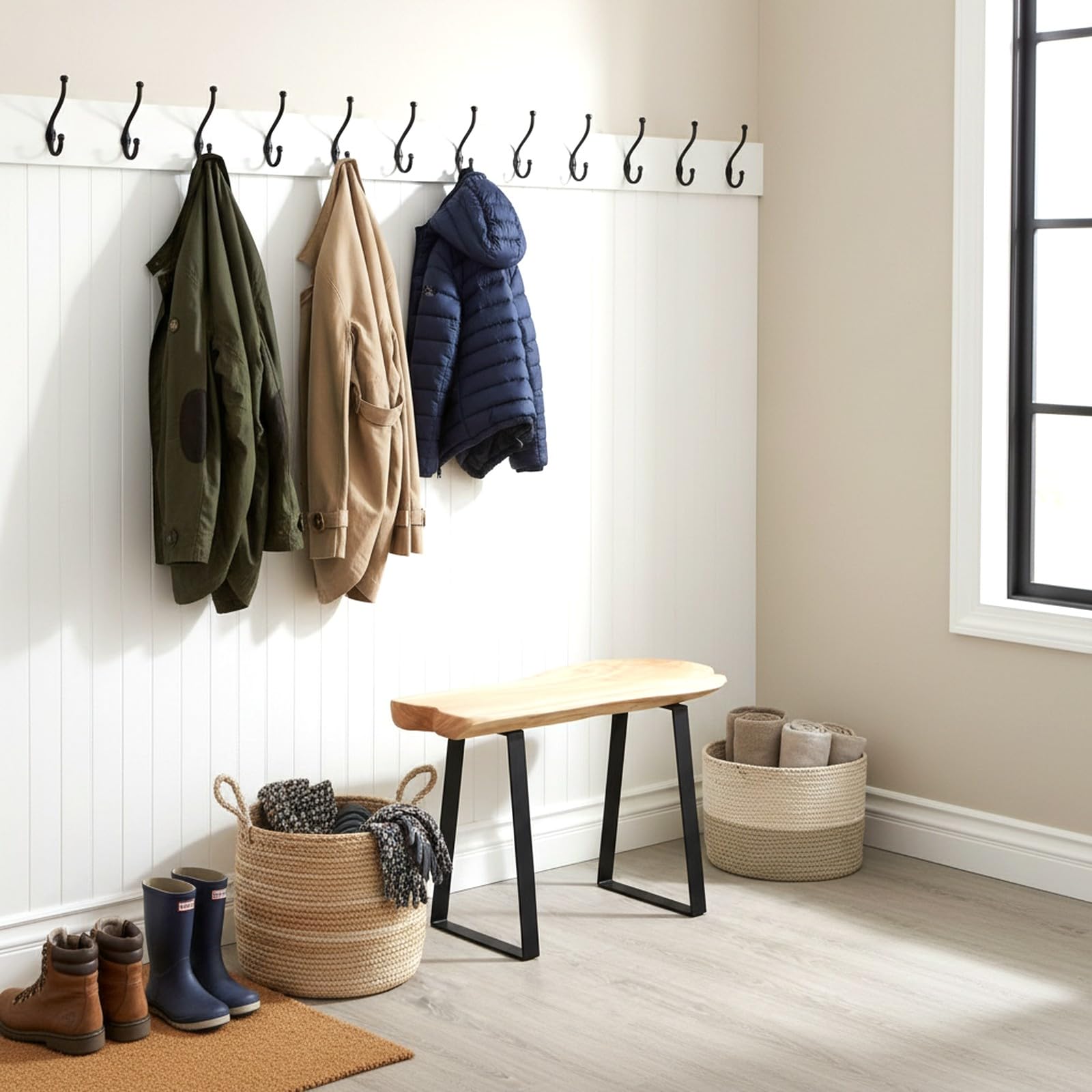 WELLAND Live Edge Cedar Entryway Bench with Metal Legs, 28" | Live edge cedar bench with sturdy metal legs adds natural warmth and functional seating to entryways and living spaces