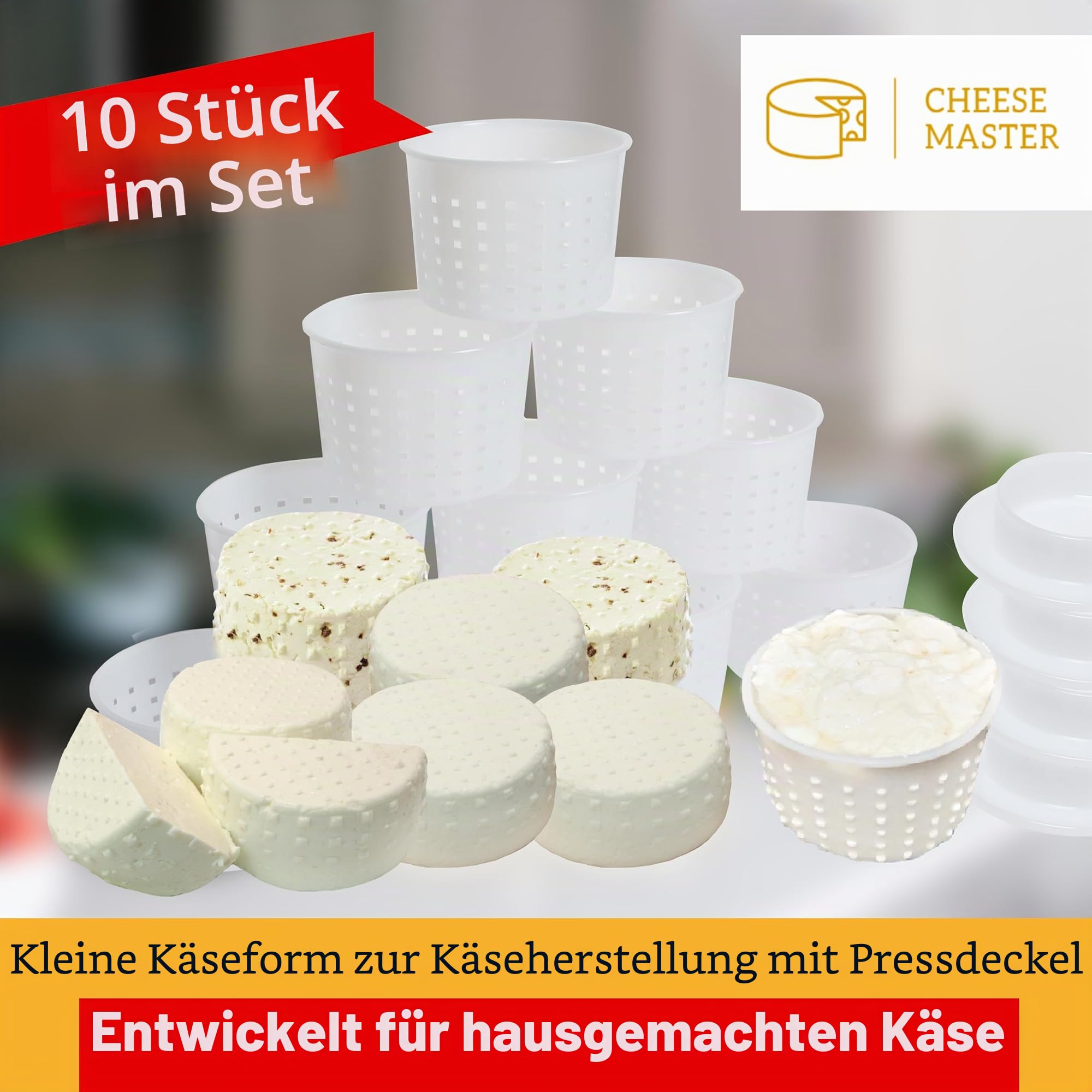 10 Käseförmchen mit Spender 300 ml - Set für den Hausgemachten Hartkäse und Weichkäse - Käsekorb