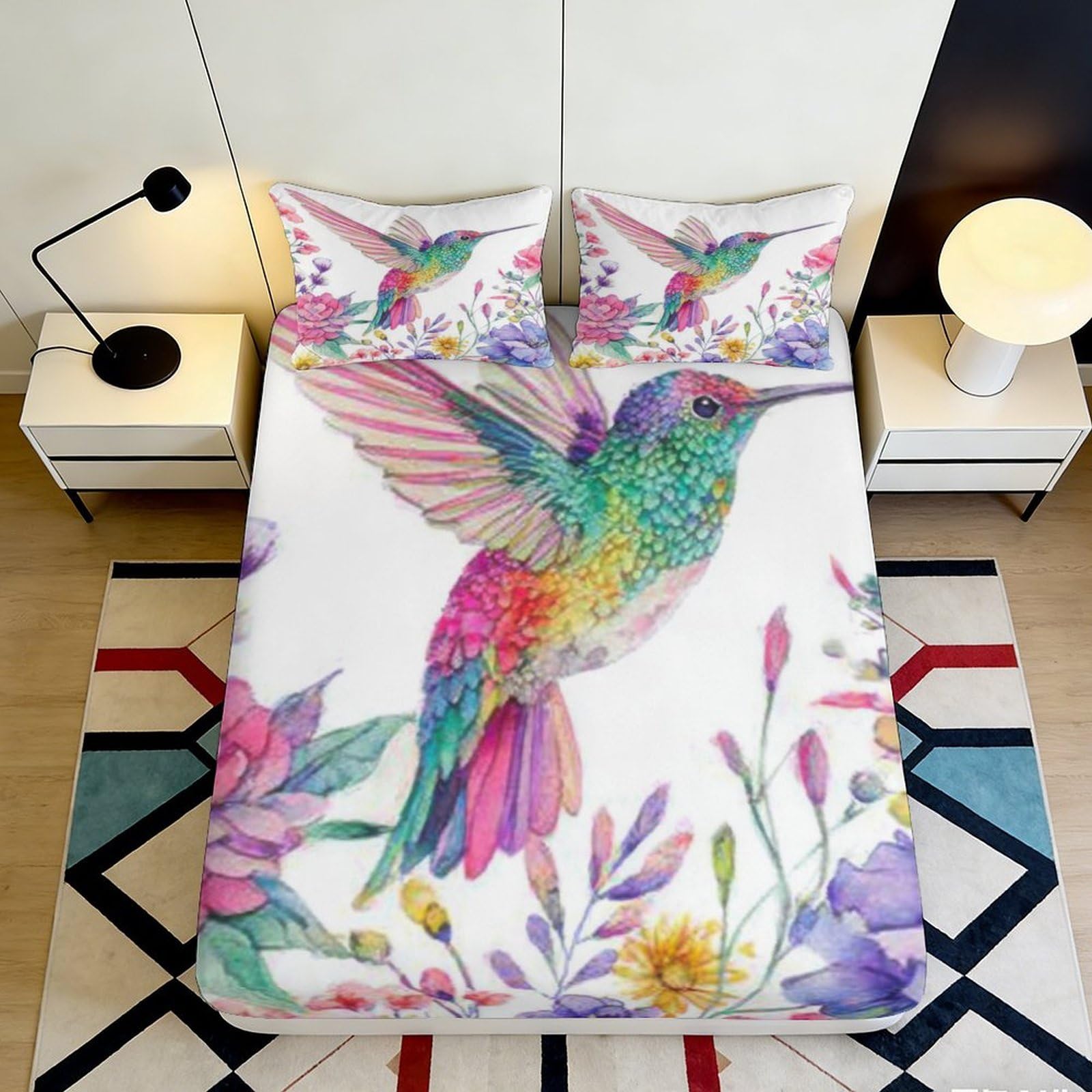 3D Printed Hummingbird Fitted Sheet Microfiber Soft Breathable Floral Bed Cover for Bedroom Dormitory Guest Room Mattress Protection Decor 120x200x25cm