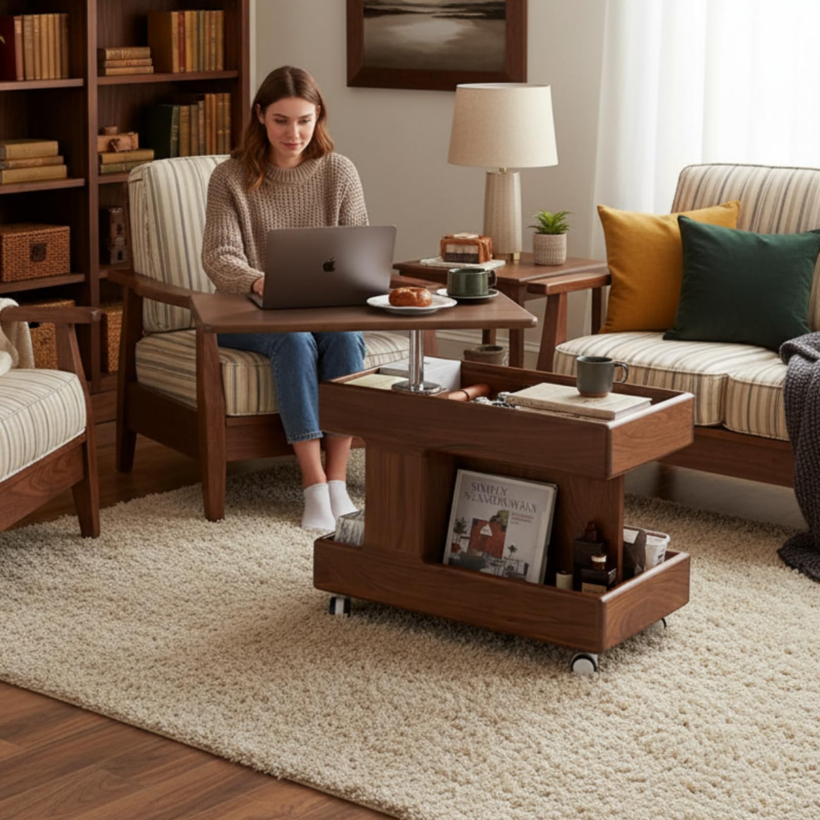 100 Solid Wood Lift Top Coffee Table with Storage Small Coffee Table with Wheels and Rotating Desktop Living