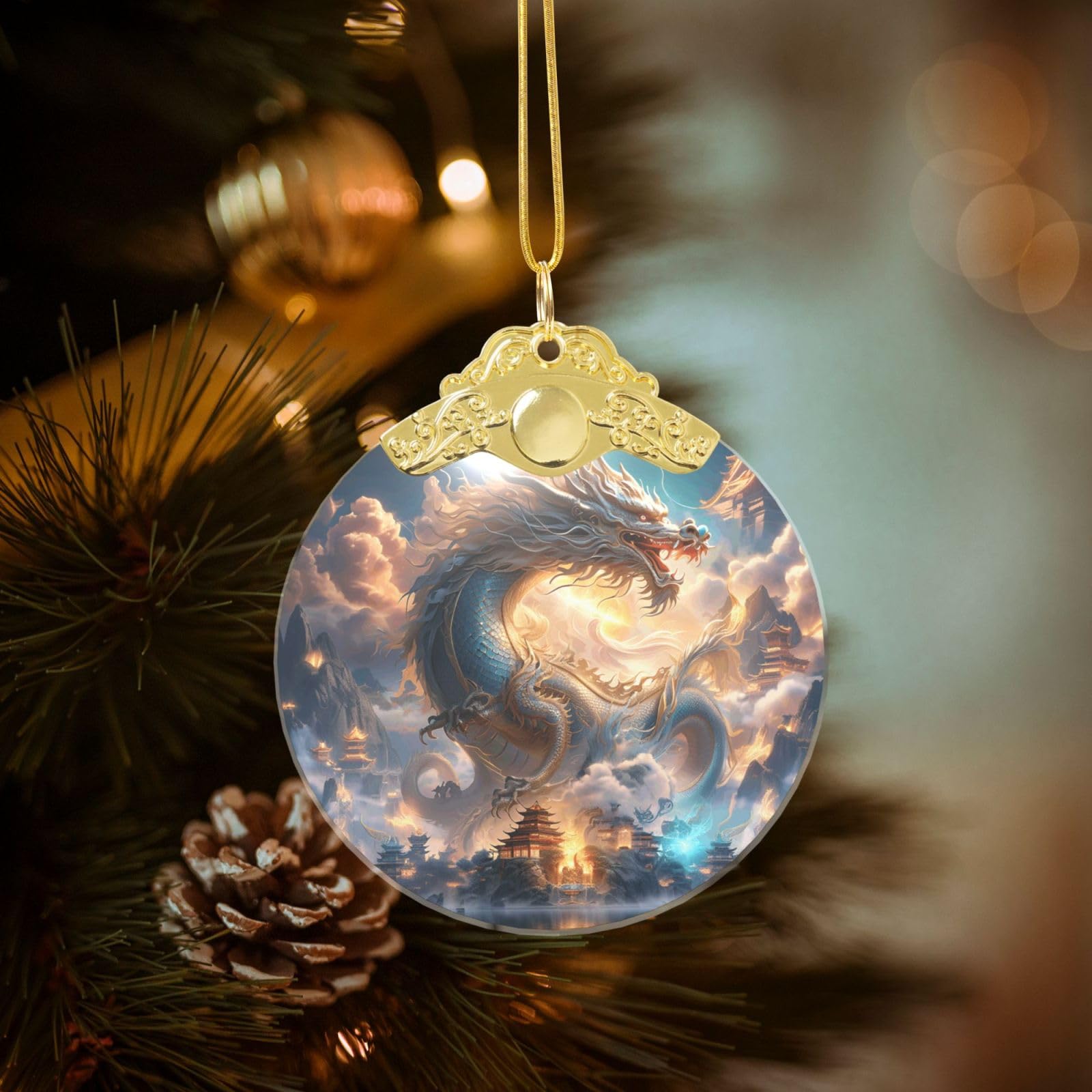 Crystal Christmas Ornaments for Christmas Tree Decoration Hanging Dragon in The Heavenly Palace Ornament with Gold Ribbon Crafts Round Pendant for Keepsake Gifts Glass Xmas Decor Party Supplies