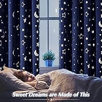 Vista 6 de WUBODTI Cortinas opacas de estrella azul marino para habitación de niños, juego de 2 paneles de 63 pulgadas de largo, cortinas cortas con estampado