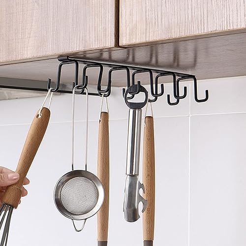 AUNMAS Soporte para utensilios de cocina, colgador de utensilios de gabinete de metal con gancho de doble fila, soporte para tazas debajo del