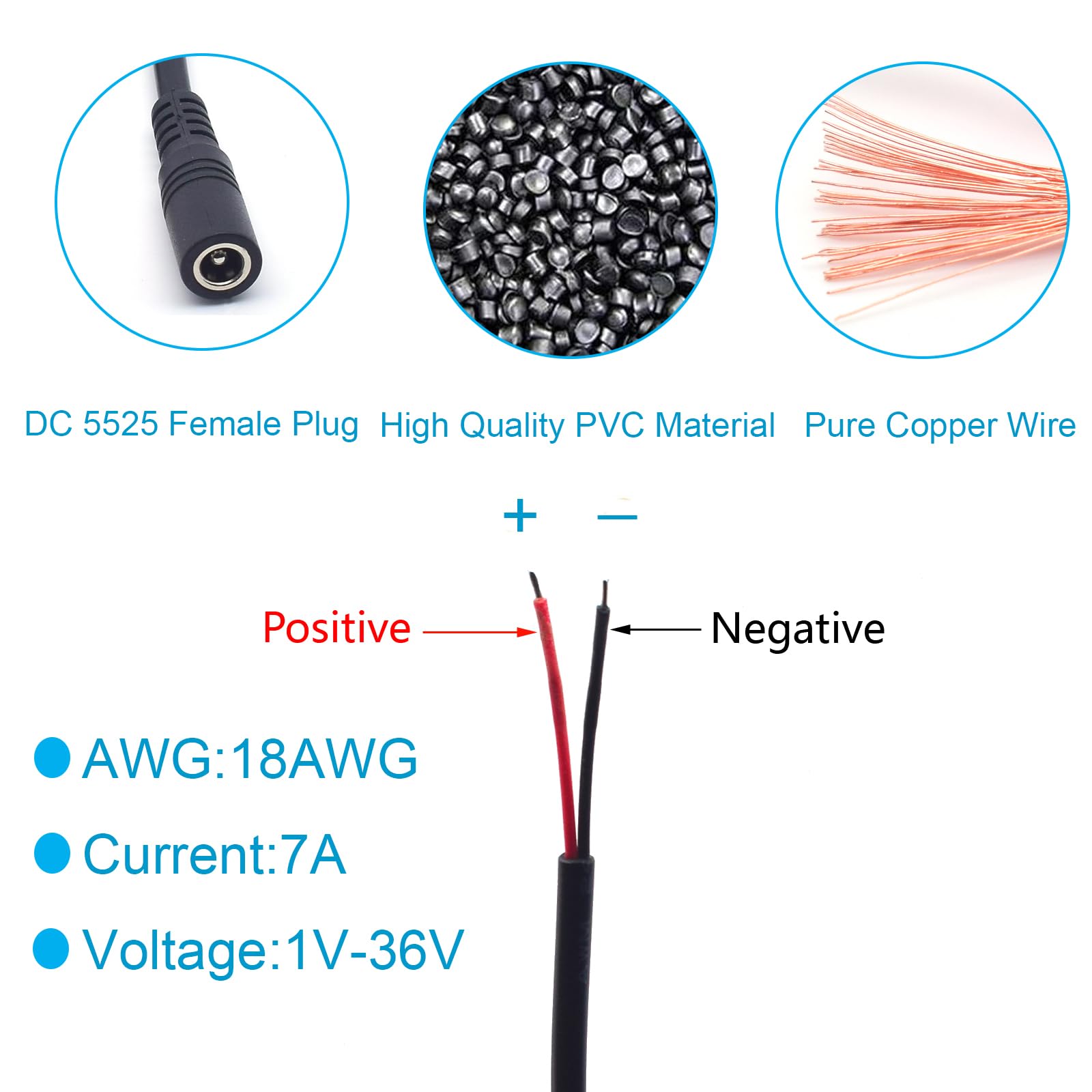 Lot de 3 câbles d'alimentation femelle 18 AWG 2,5 mm x 5,5 mm CC 1 m 7 A DC 5525 extrémité ouverte pour caméra de sécurité CCTV