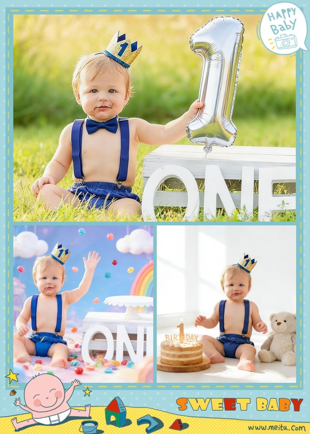 WELROG Baby Boys First Birthday Cake Smash Outfit Bow Tie Suspenders Bloomers Birthday Hat Sparkle Gold Set - Image 2