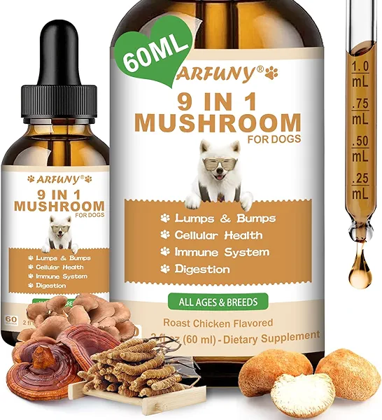 9 in 1 Mushroom Supplement for Dogs - Turkey Tail Mushroom for Dogs - Dog Lumps and Bumps Treatment - Digestive, Cellular, Immune Health Support - Reishi, Lions Mane, Shiitake - Roast Chicken Flavor