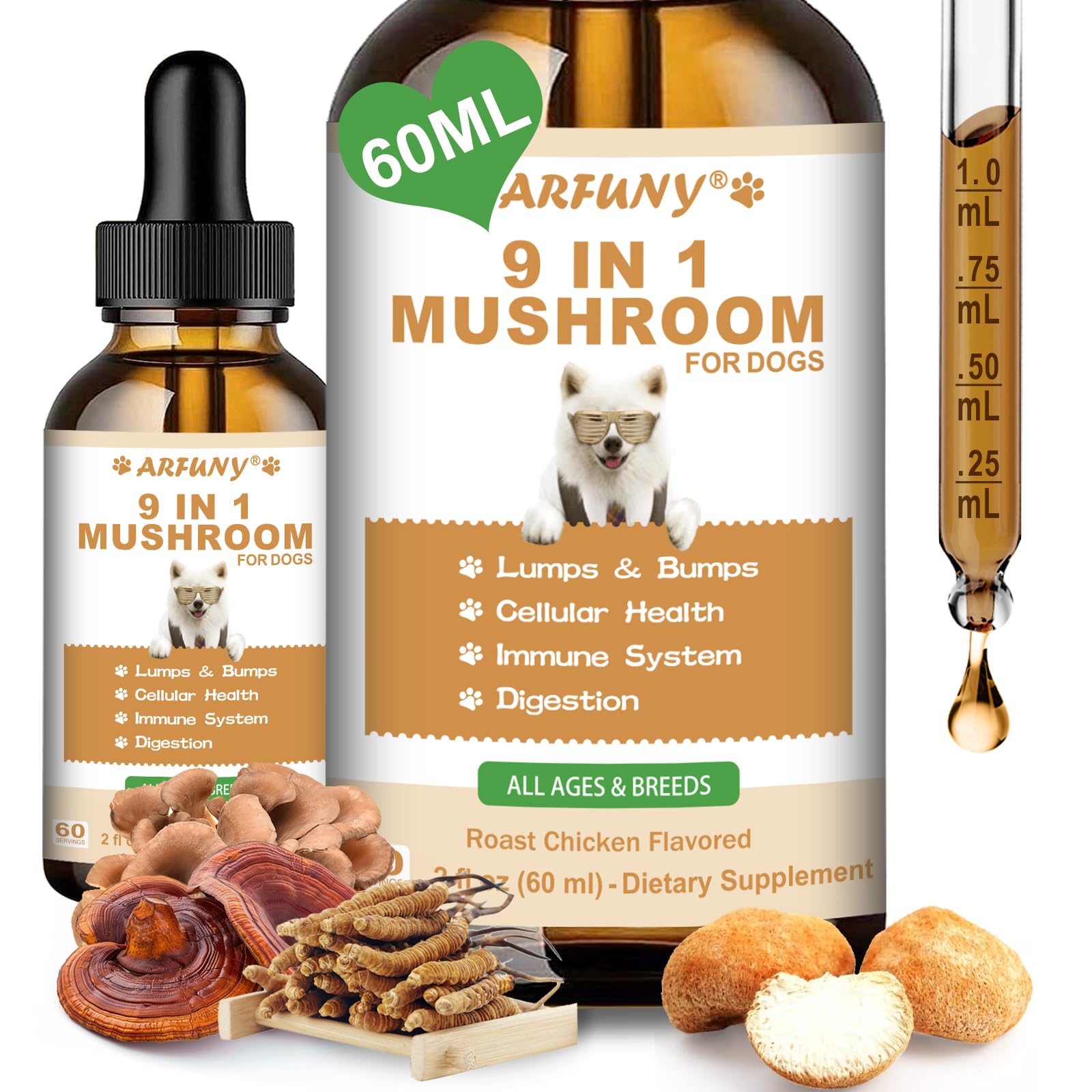 9 in 1 Fungo per cani - Integratore di funghi per cani - Sistema digestivo, pelle, articolazioni, immunità - con 9 funghi - Gusto pollo arrosto, 60ML