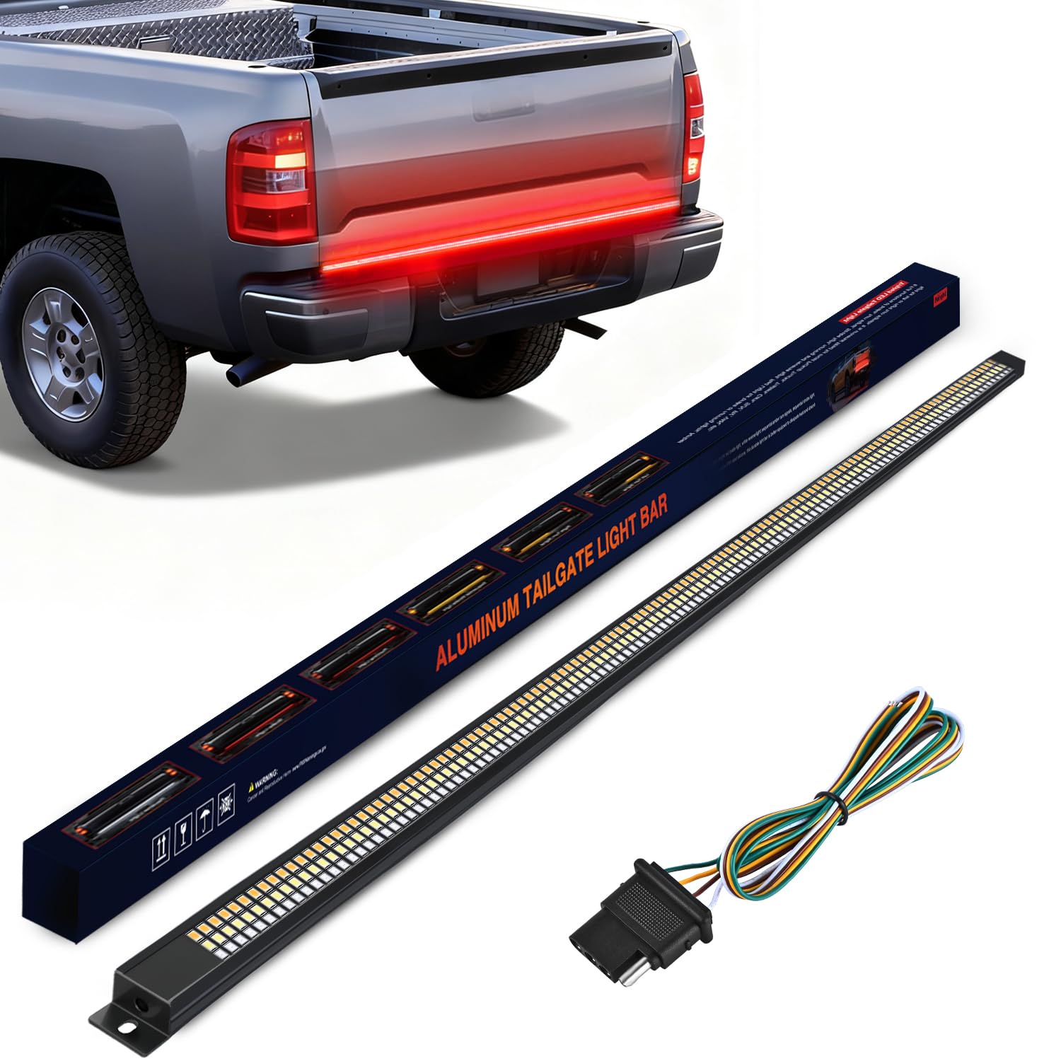 Truck Tailgate Light Strip 60" Aluminum FrameTriple Row Light Bar 1200 LED w/ Red Running Brake White Reverse Light Red Sequential Turn Signal