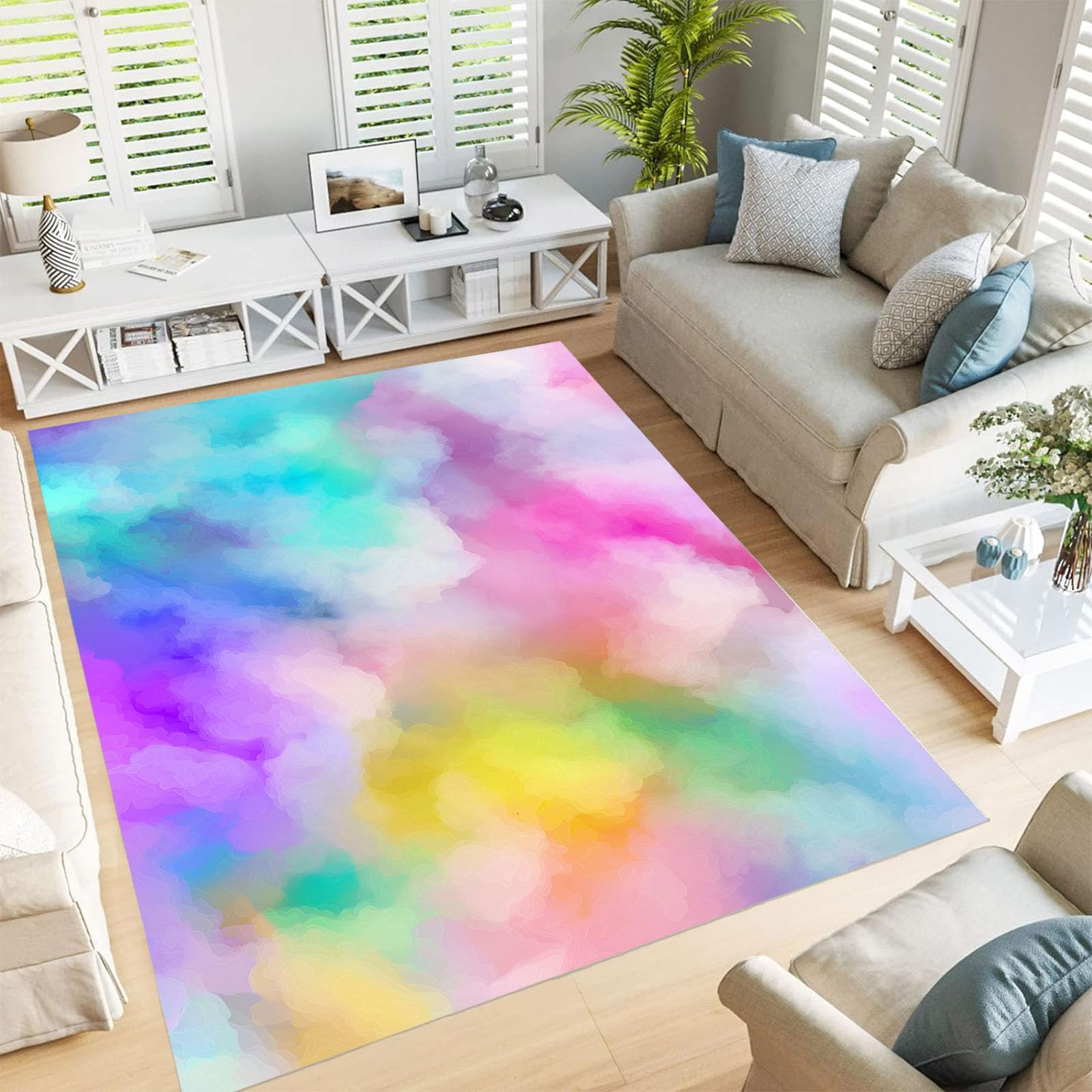 Tapis fumée arc-en-ciel pour canapé et salon au style aquarelle abstrait