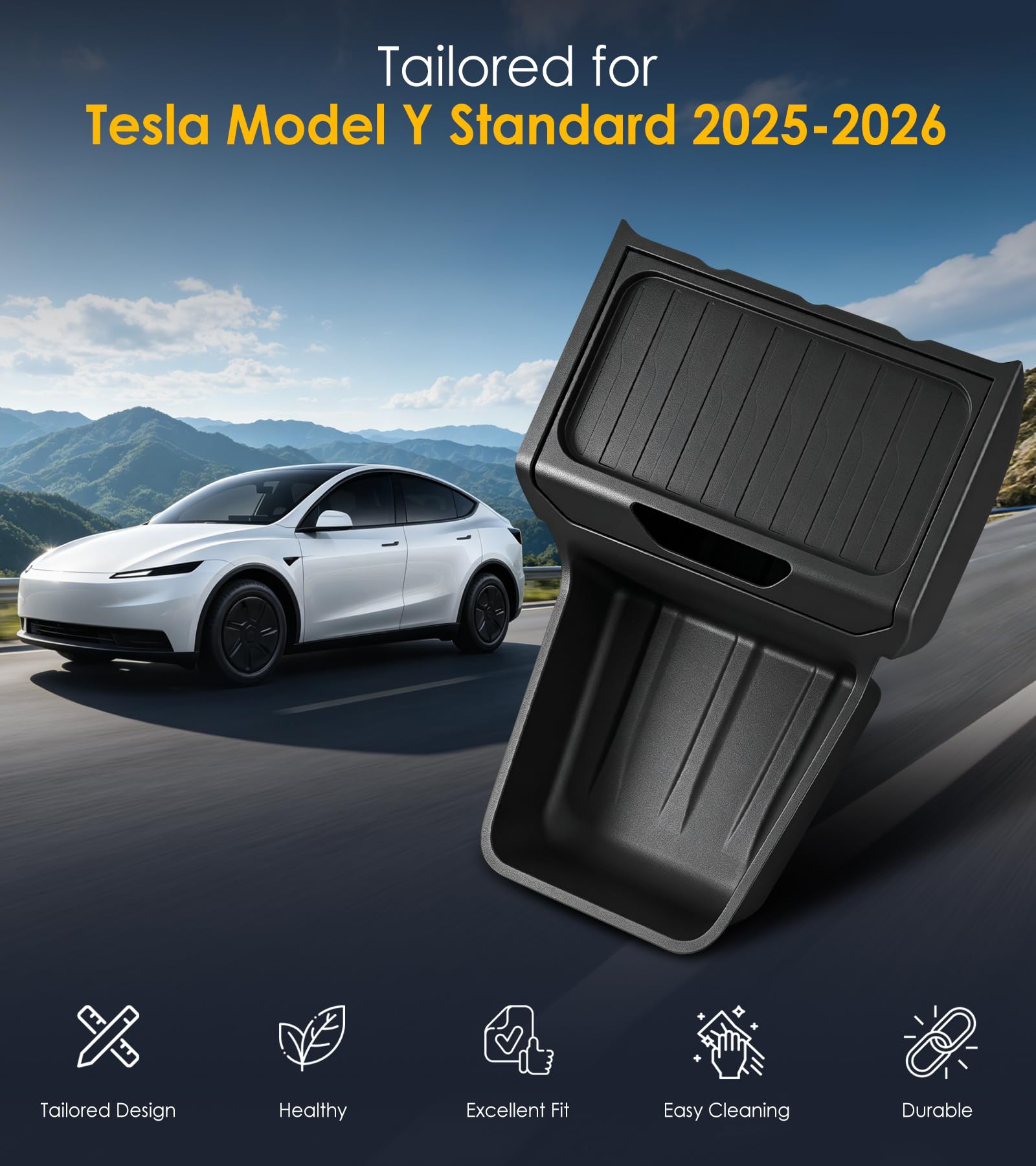 4 Pièces Accessoire pour Tesla Model Y Juniper Standard 2026 2025, Comprend un Rangement Inférieur Console Centrale, Rangement Dissimulé, Socle Recharge, Porte-gobelet