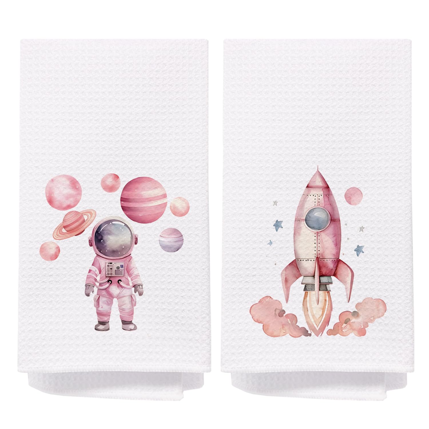 SPBL&L Space Kids Hand Towels Set of 2, Pink Astronaut Rocket Decorative Hand Towels, 16x24 Inches