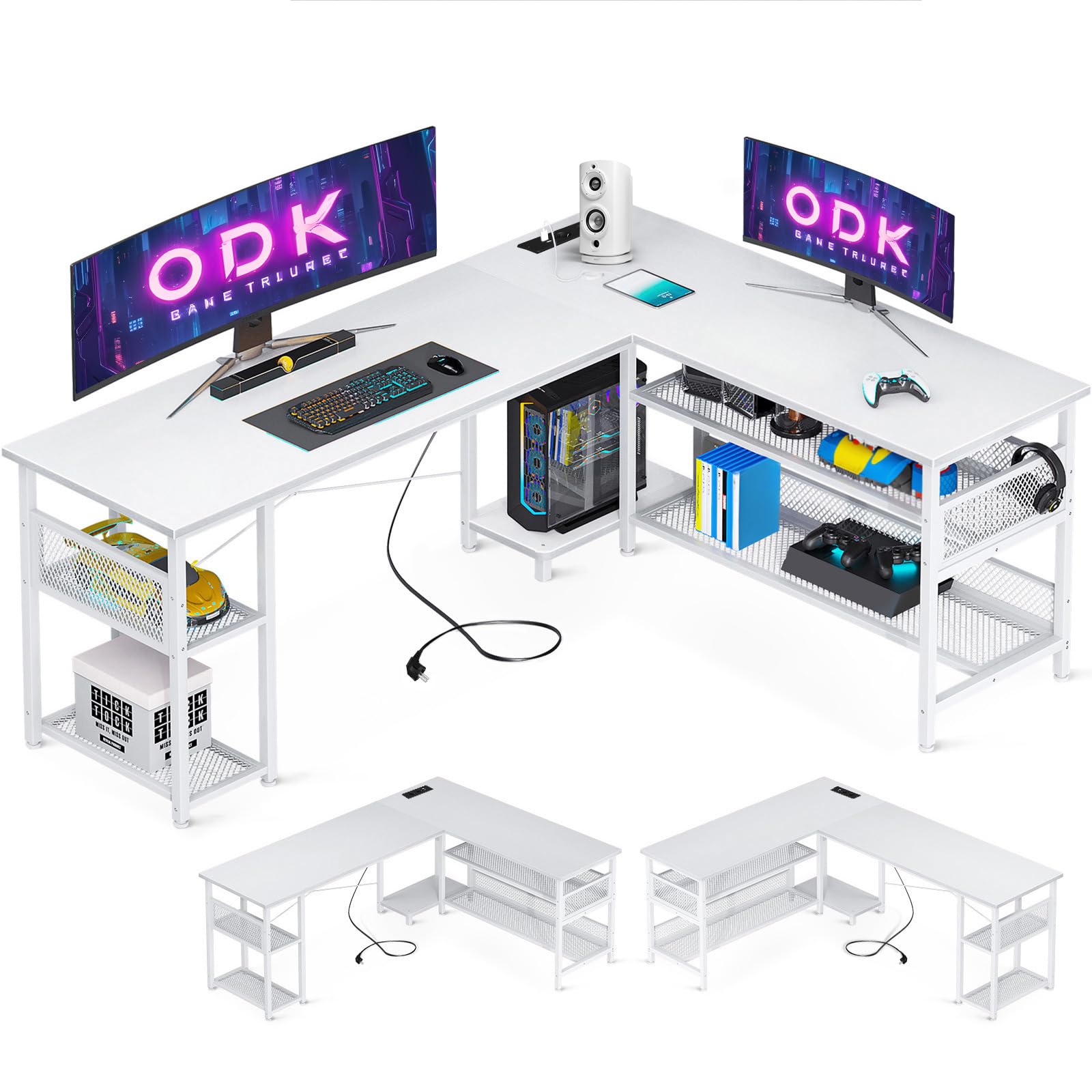 ODK Scrivania Gaming ad L con Design Reversibile, Scrivania con Ampio Spazio di Archiviazione, Scrivania ad Angolo con 2 Prese e 2 Porte USB, Bianco, 168×120cm