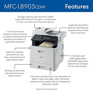 Brother Color Laser All-in-One Printer with Advanced Security, High-Speed 33ppm Printing, Wireless Network, 7 in Touchscreen, Duplex Print and Scan for Business (MFC-L8905CDW)