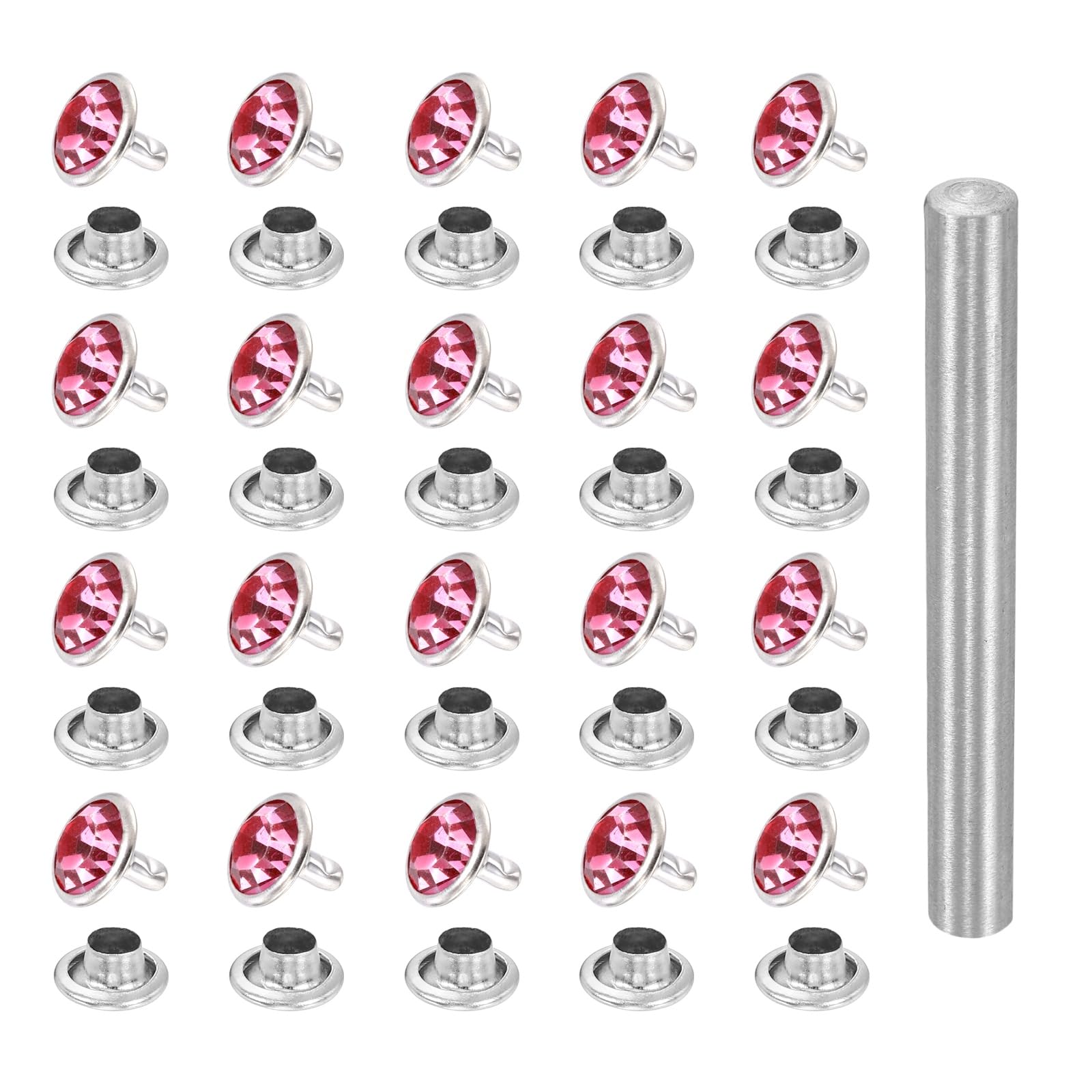 sourcing map 100pcs Crystal Rivets 10mm Rhinestone Rapid Stud Rivets with Steel Installation Tool for Clothing Leather Fabric Arts Crafts Decoration Leathercraft DIY, Silver Pink โ image 1