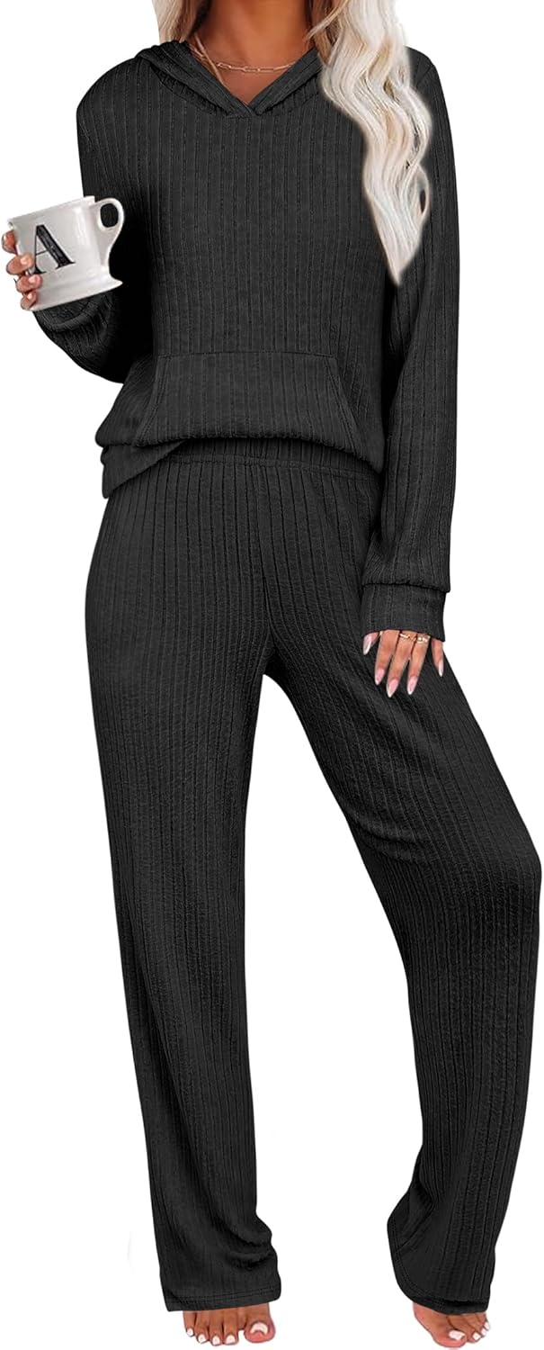 ANRABESS Women's 2 Piece Lounge Pajama Sets Ribbed Knit Long Sleeve Hoodies Tops Matching Pants Casual Fall Sleepwear Outfits