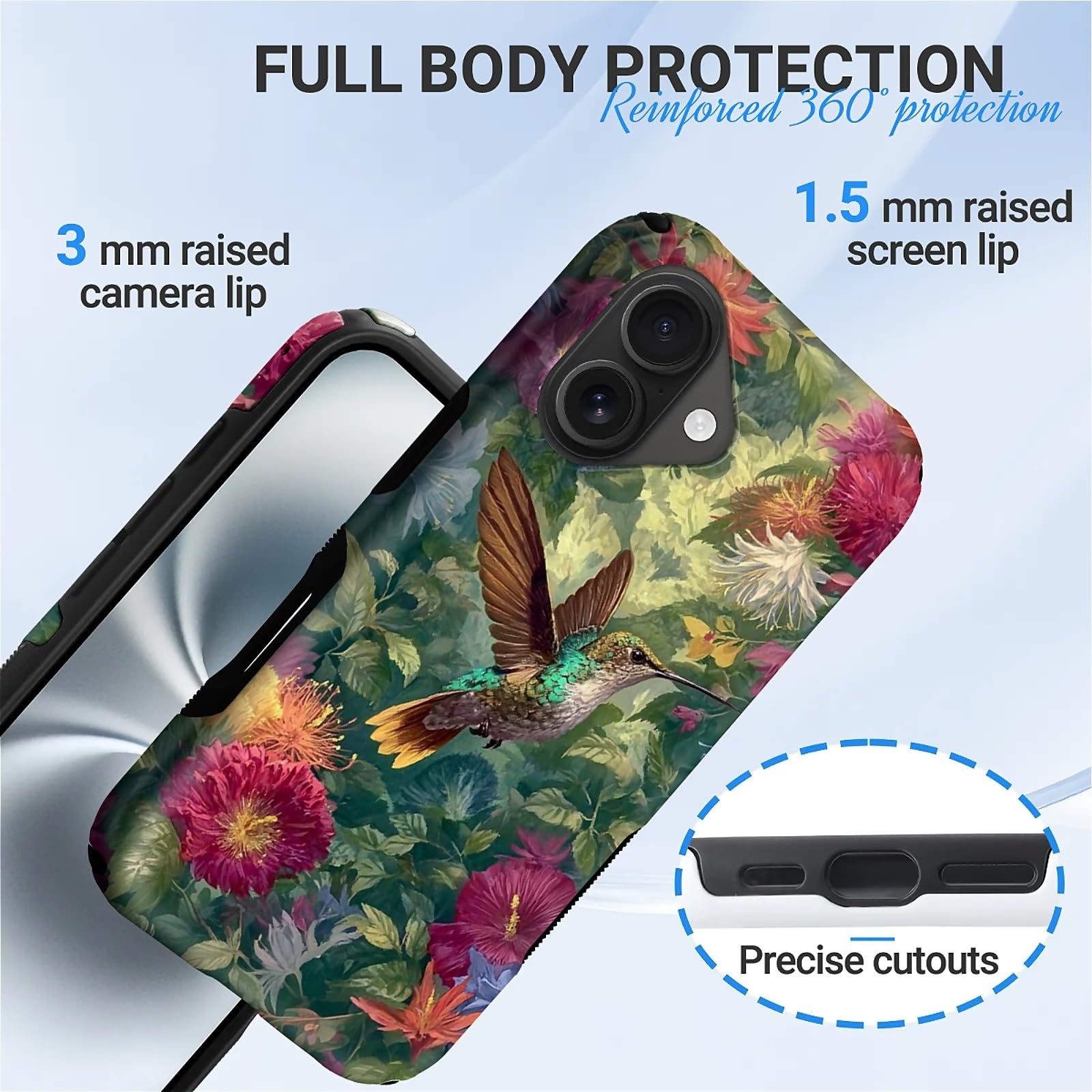 CARLOCA per iPhone 16 Compatibile con Magsafe Custodia protettiva integrale per ragazza ragazzo antiurto ricarica magnetica motivo elegante colibrì volante fiori colorati
