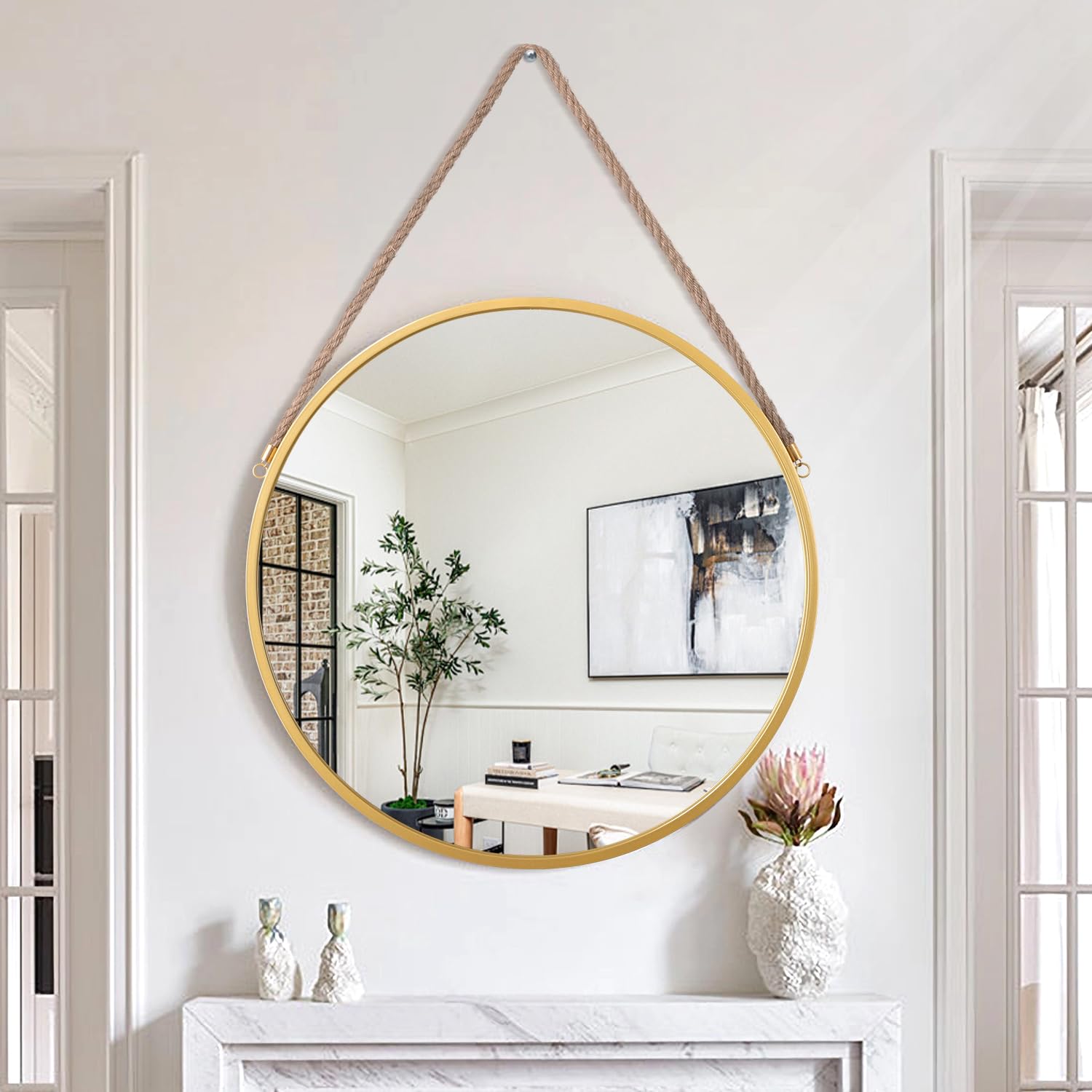 Lzuso Circle Mirrors Modern Round Wall Mirror Artistic Metal Framed Rope Hanging Mirrors for Bathroom Bedroom Vanity Living Room Entryway Gold 50x50cm