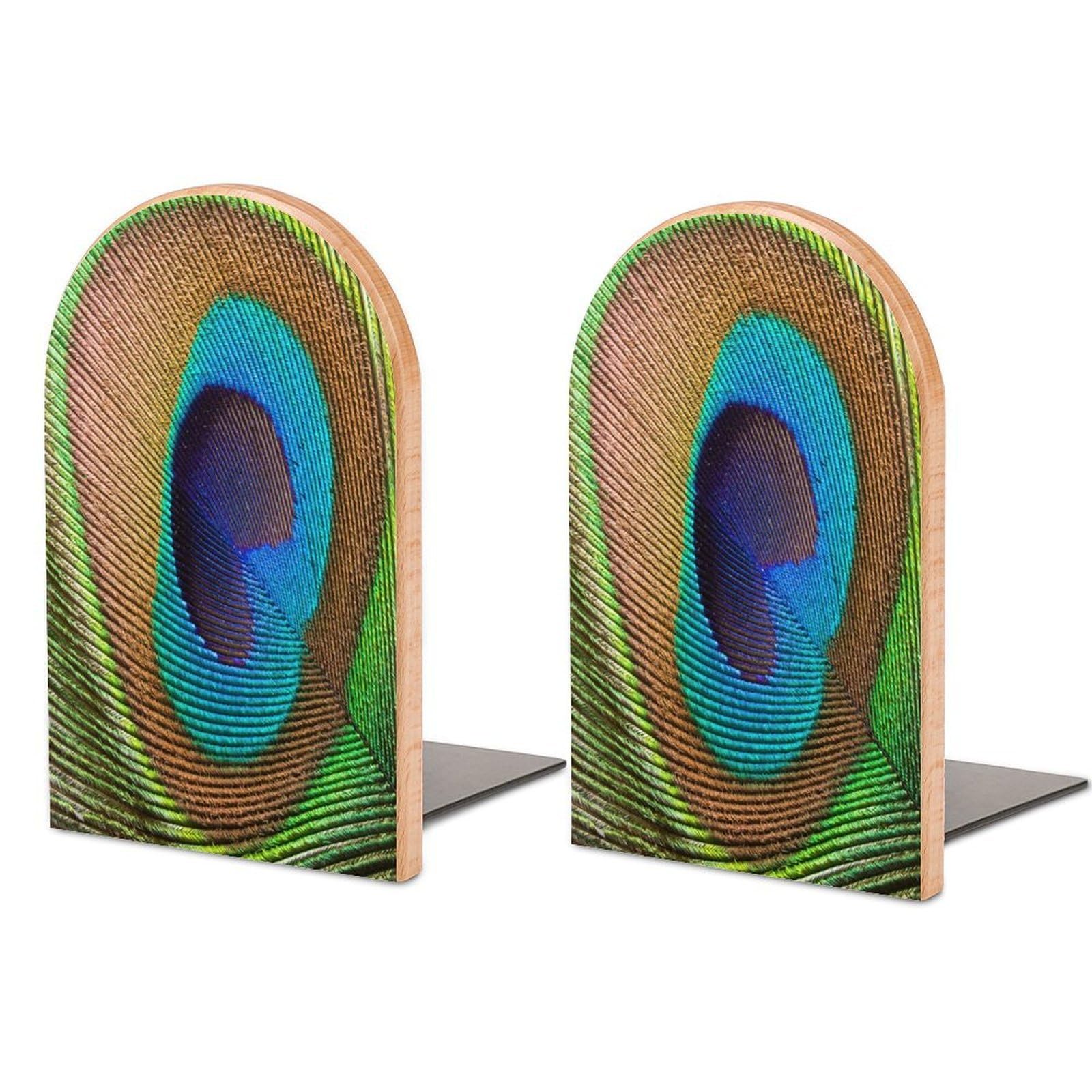 Peafowl Feather Plume Realistic Exotic Animal Themed Beech Wood Bookends Heavy Duty Book Organizers Desktop File Holder for Office Home Bookshelf