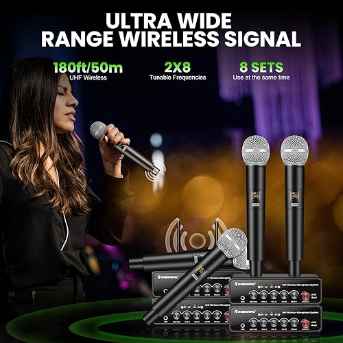 Miniatura 3 de Sistema de micrófono inalámbrico de doble canal, juego de micrófono inalámbrico de mano con eco/música Bluetooth/ajuste de volumen, micrófono