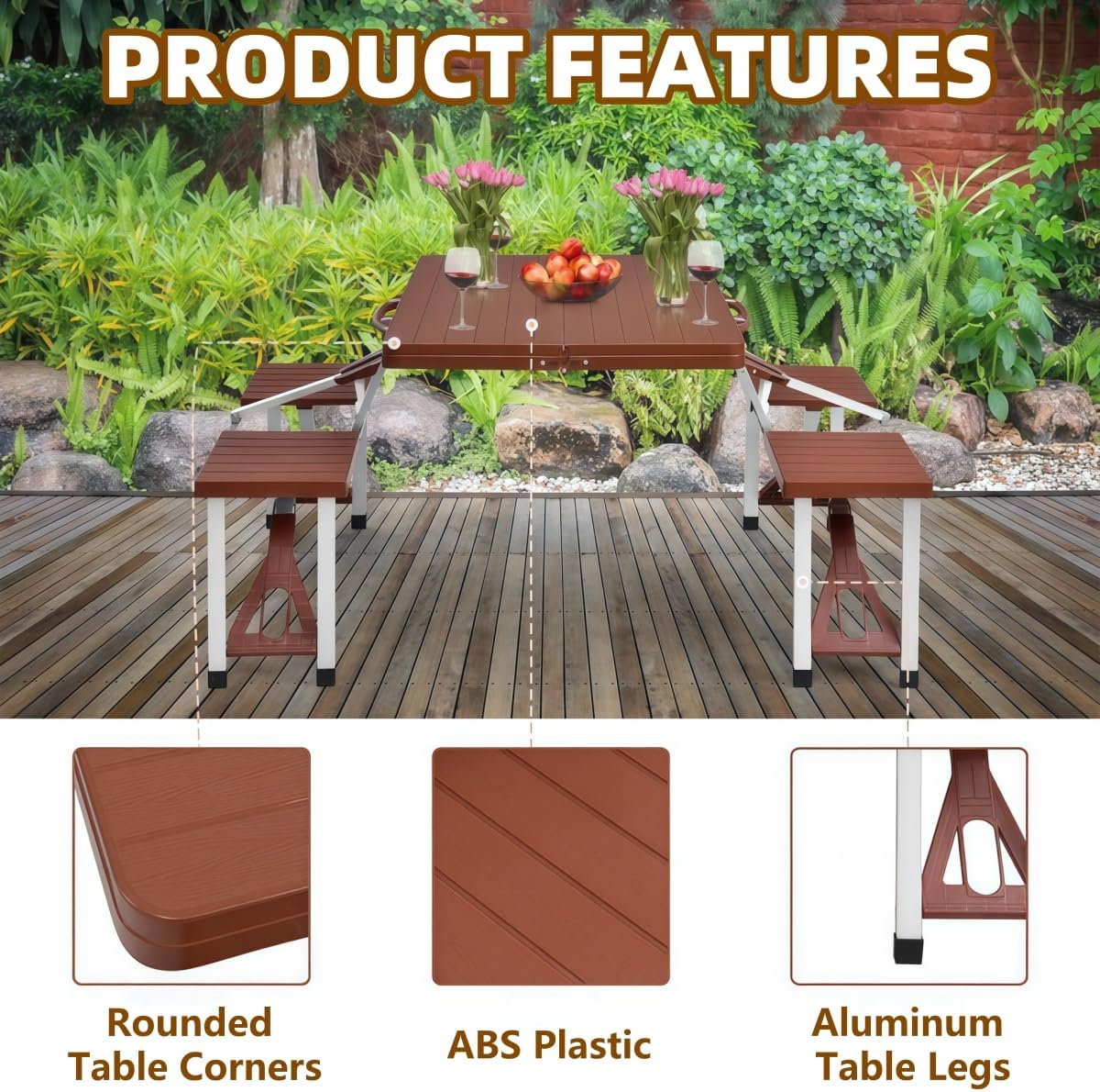 Outdoor Table and Chairs, One Piece Folding Design, Lightweight and Portable, with 4 Chairs, for Camping, Fishing and Picnics