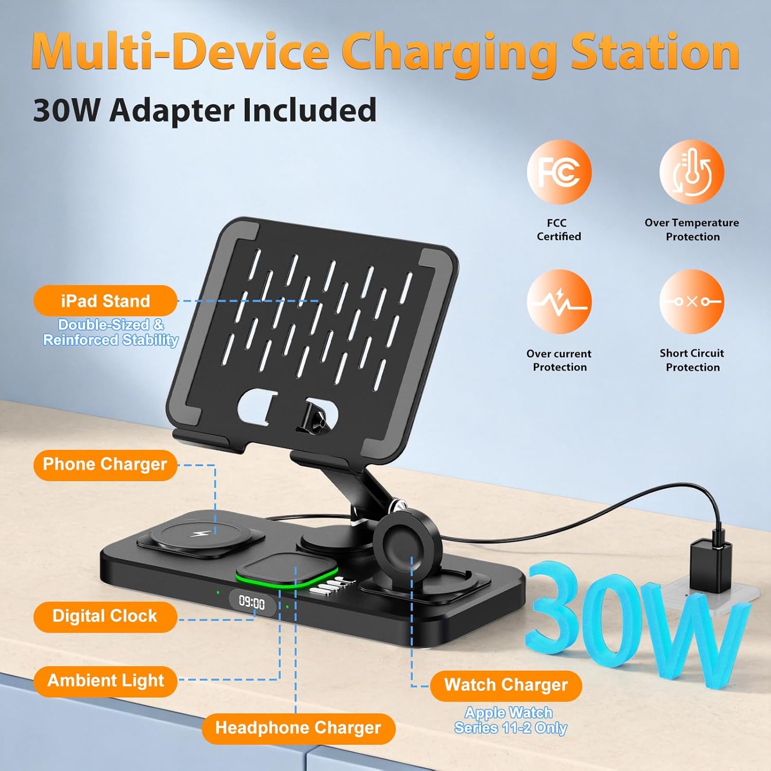 30W Charging Station for Apple Products, Foldable Wireless Charger with Clock Display&7 Color Light, Wired Charging for iPad/Tablet Charging Station for iPhone17, for Apple Watch11 for AirPods4(Black - Image 3