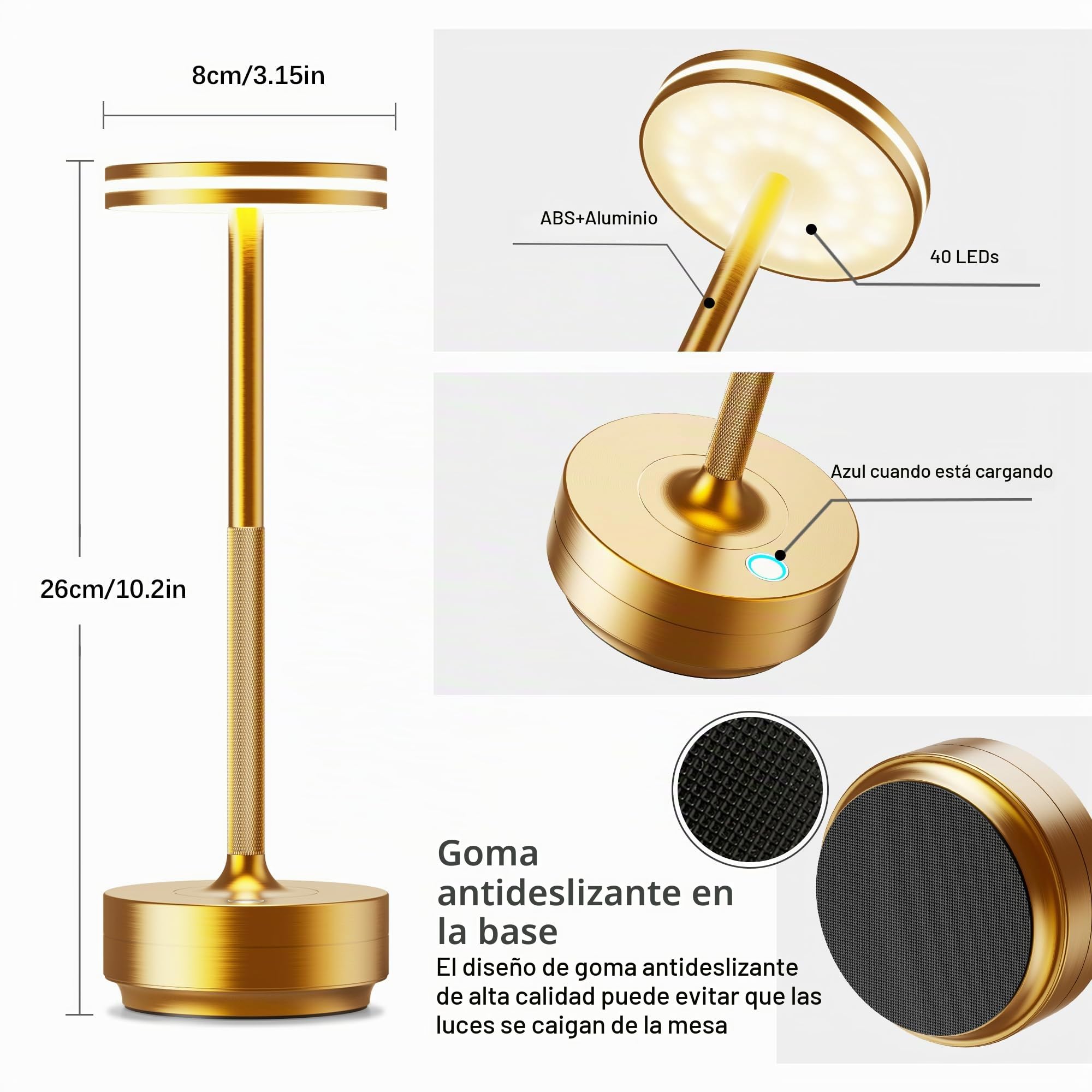 Lampara de Mesa LED Recargable, Lámpara sin Cable con 5000mAh Bateria IP54 | Hapfish Lamparas Escritorio Inalambrica, Lámpara de mesita Noche, Portatil y Impermeable, Para Jardin Comedor 2 Dorado