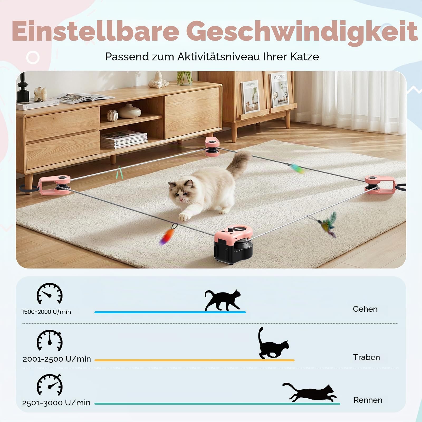 Interaktives Katzenspielzeug für Drinnen, Laufband, automatisch/ferngesteuertes Katzenspielzeug, einstellbare Geschwindigkeit, simuliertes Katzenjagdspielzeug (Rosa)
