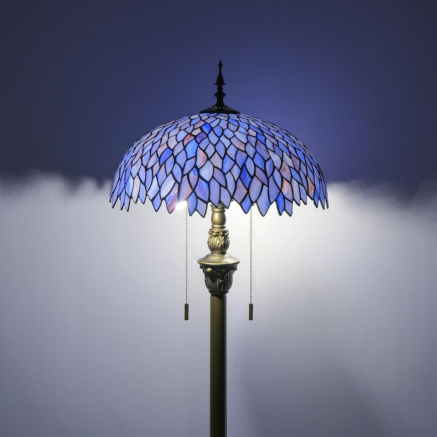 Tiffany Floor Lamp Blue Purple Wisteria Style Stained Glass Standing Reading Light 16x16x64 Inch Retro Inspired Pole Corner Lighting Art Decor for Bedroom Living Room Home Office