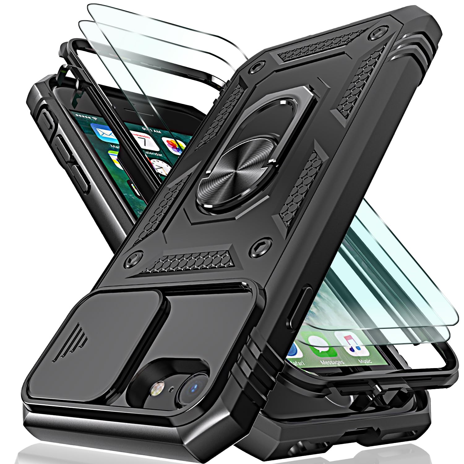for iPhone SE 2022/2020,for iPhone 8/7 Case with Camera Cover Slider, 2*Tempered Glass Screen Protectors,Build in 360° Rotating Ring Kickstand,