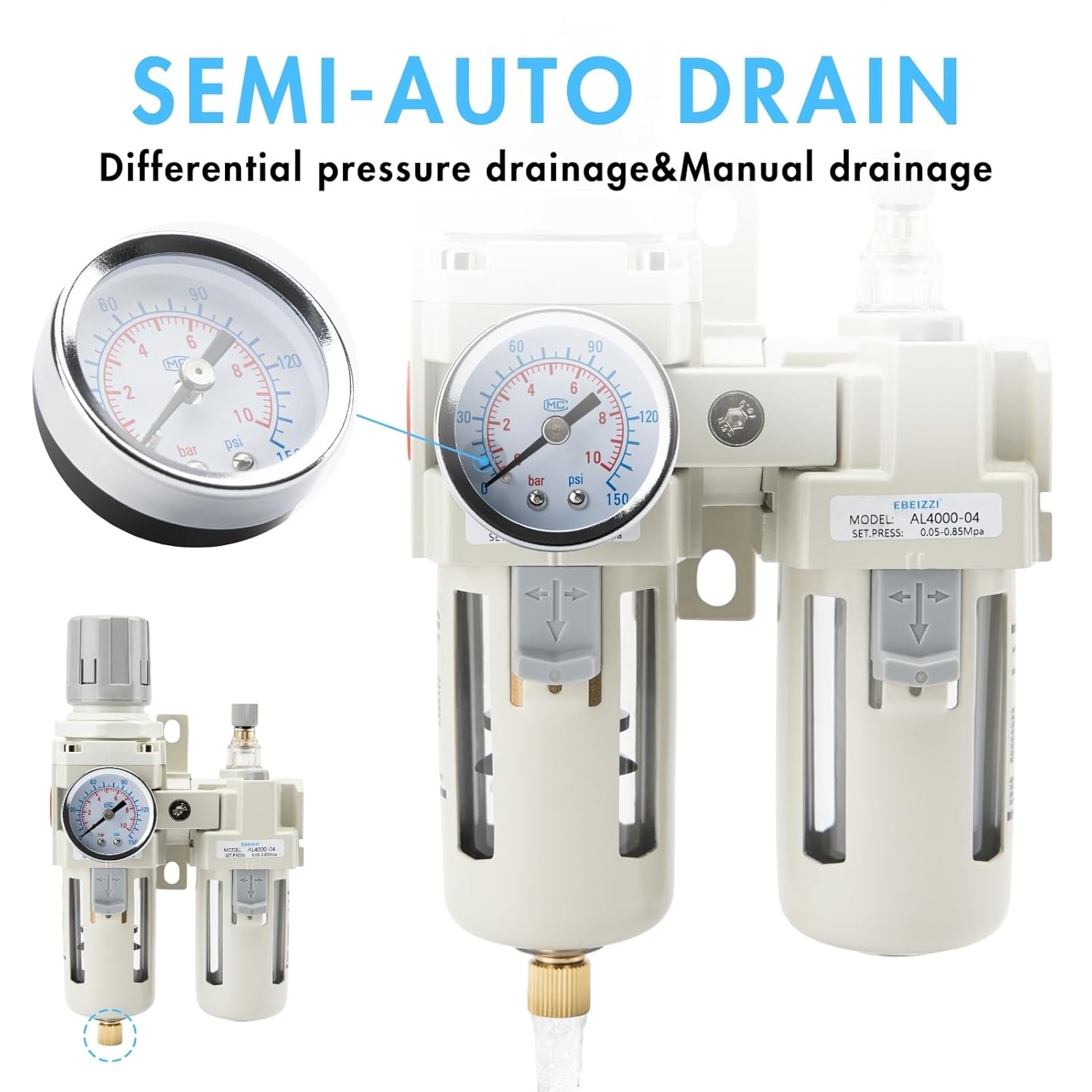 1/2" NPT Air Compressor Water Separator Regulator Filter Combo Compressed Air Filter Dryer Pressure Regulator with Gauge(0-150 psi) Poly Bowl Semi-Auto Drain Bracket - 3 in 1 Two Unit
