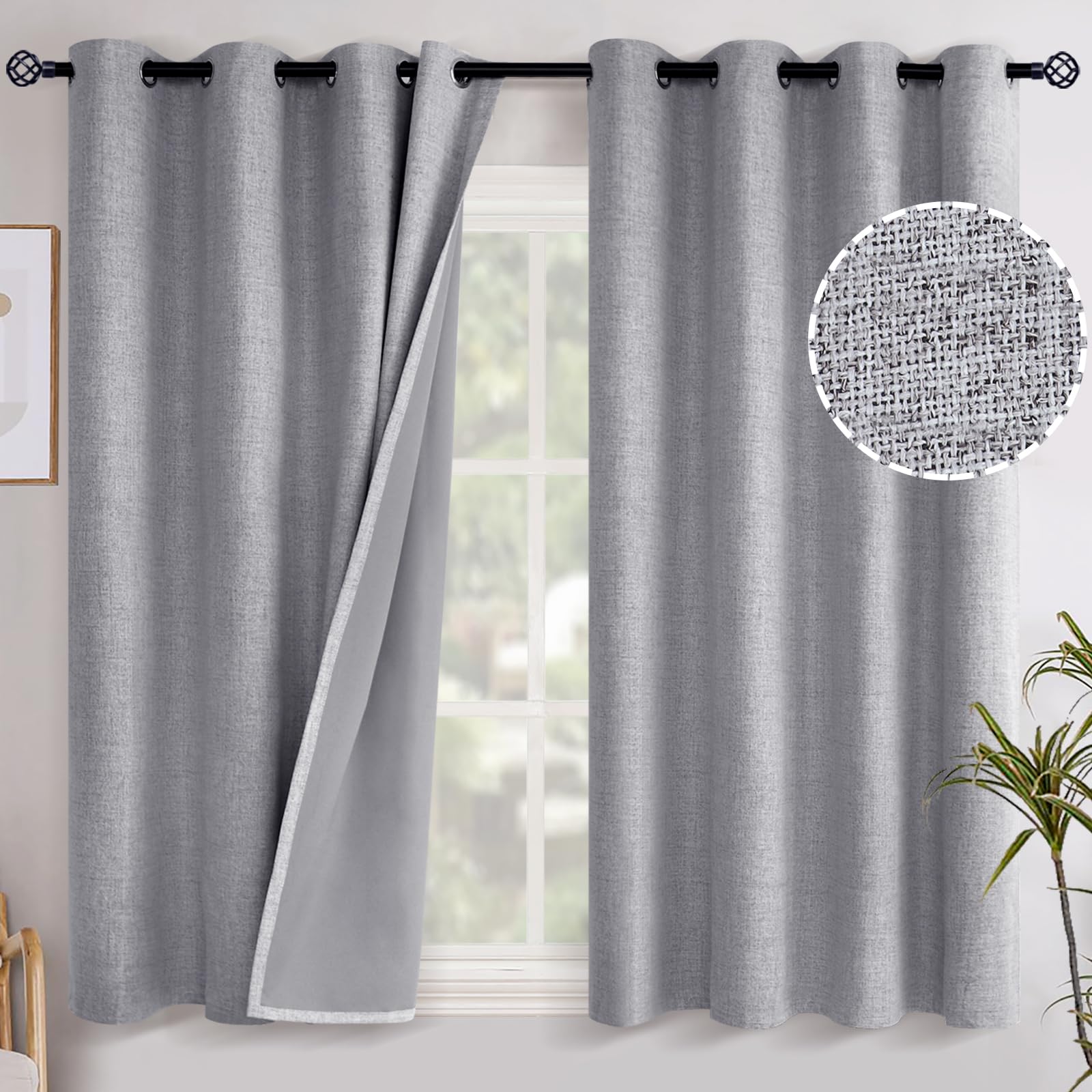 YoungsTex Grey Linen Curtains Blackout 54 Inches Long for Bedroom, Grommet Thermal Insulated Linen Textured Room Darkening Window Drapes for Living