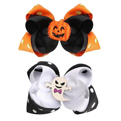 Miniatura 1 de Pinzas para el cabello de Halloween para niñas y mujeres, 2 lazos para el cabello, clip con purpurina de calabaza y fantasma, lazo de grogrén,