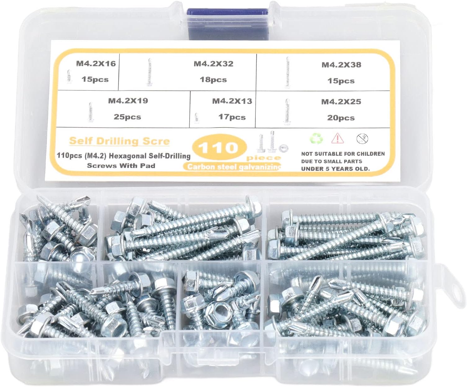 Self Drilling Screw, 110Pcs M4.2 6 Sizes Hex Head Roofing Screws with Sealing Washer, Self Drilling Screw Hex Washer Head Hex, Sheet Metal Screws