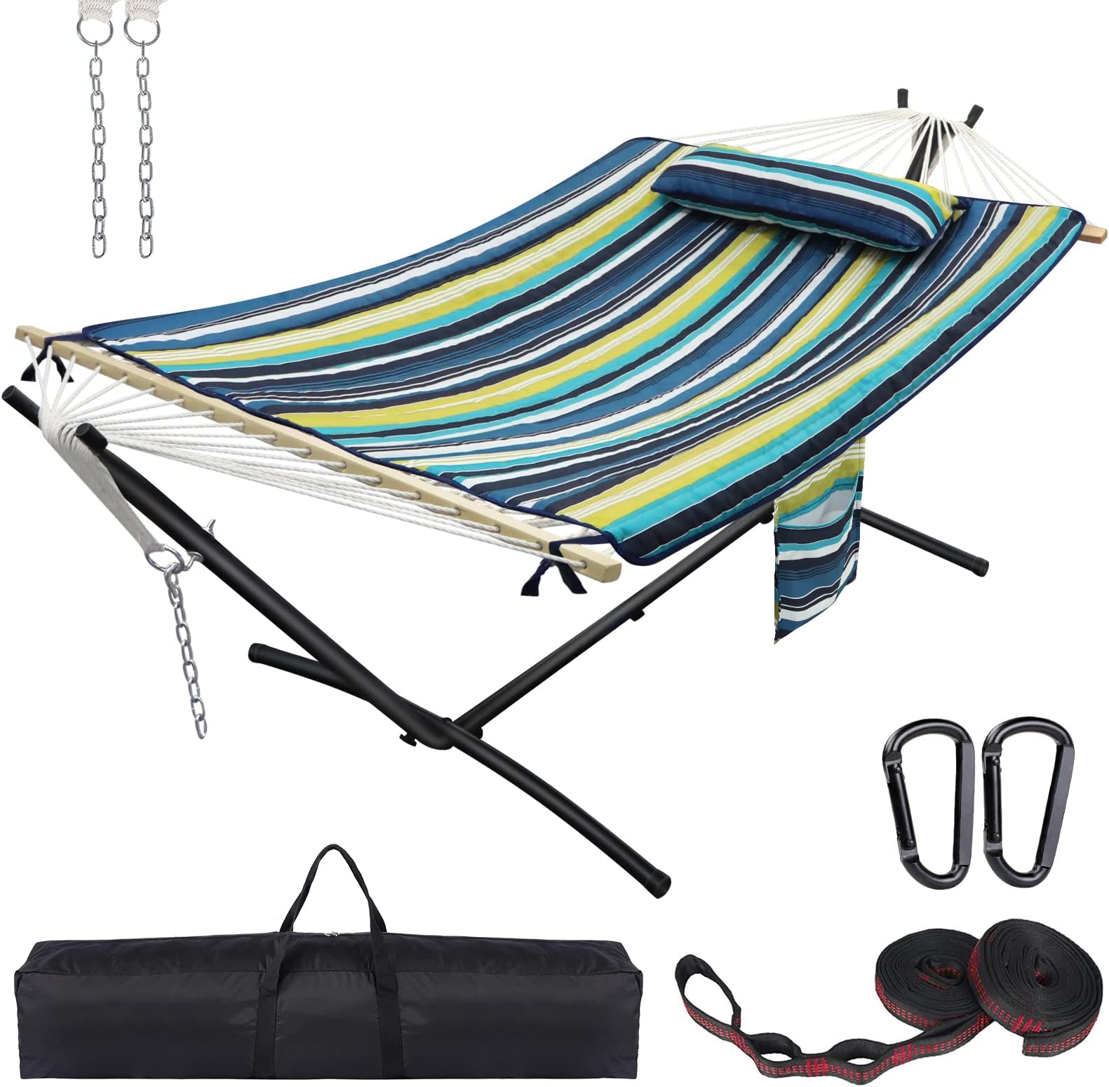 Double Hammock with Stand Portable, 550lbs Capacity, Extra Large Two Person Hammock Rope Hammock with Spreader Bar, Removable Cotton Pad & Pillow, Extra Tree Straps Carabiners for Outdoor, Blue Stripe