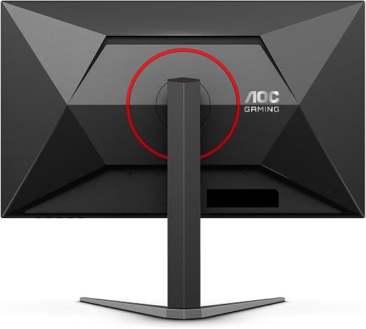 Vista traseira do monitor AOC AGON destacando as linhas geométricas e o detalhe circular vermelho