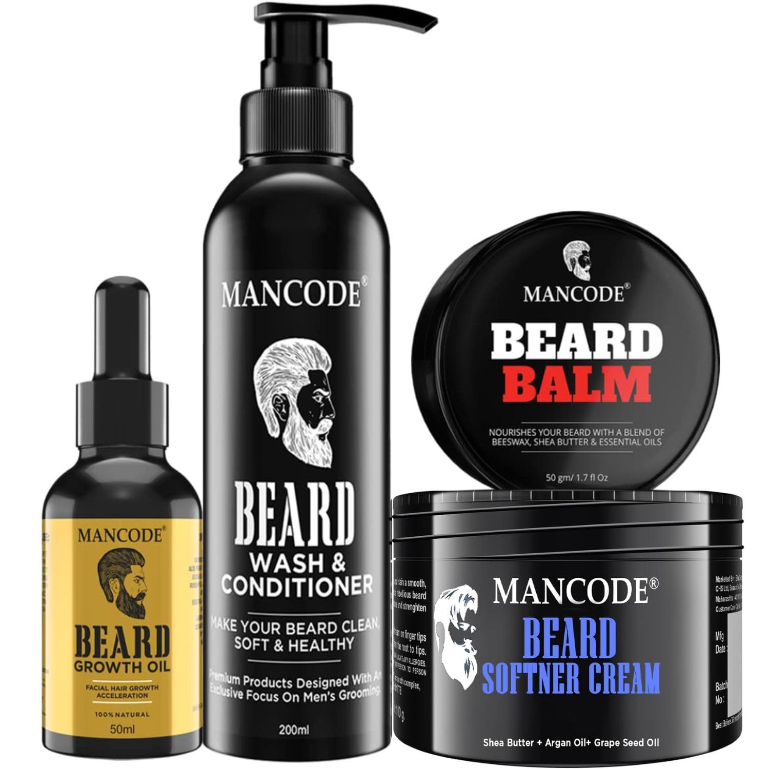 MAN CODE Beard Grooming Kit - Beard Growth Oil 50 ml | Beard Wash and Conditioner 200 ml | Beard Softener Cream 100gm | Beard Balm for Men 50 gm - Beard & Mustache Care Kit for Men (Pack of 4)